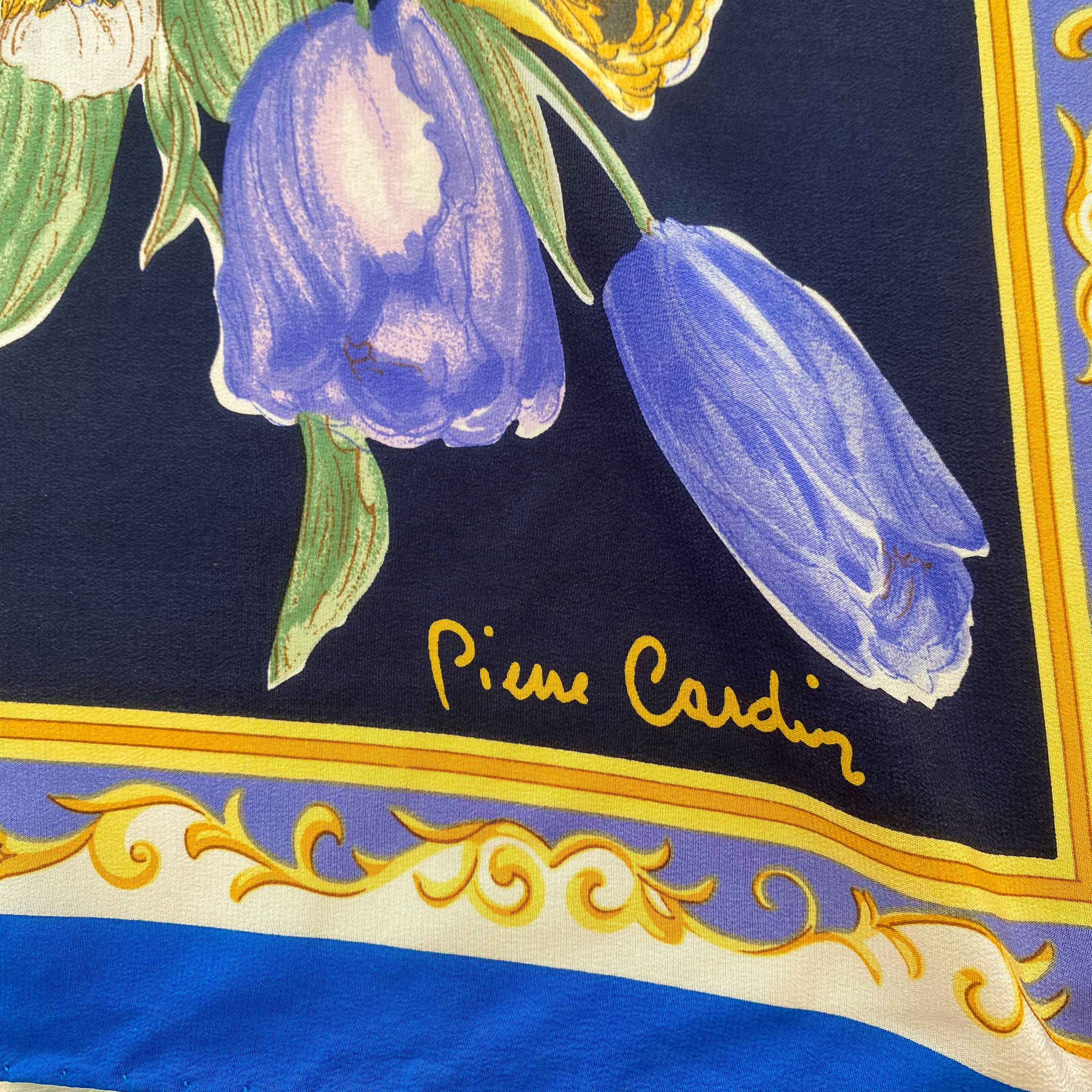 80’s Pierre Cardin Blue & Yellow Floral Silk Scarf