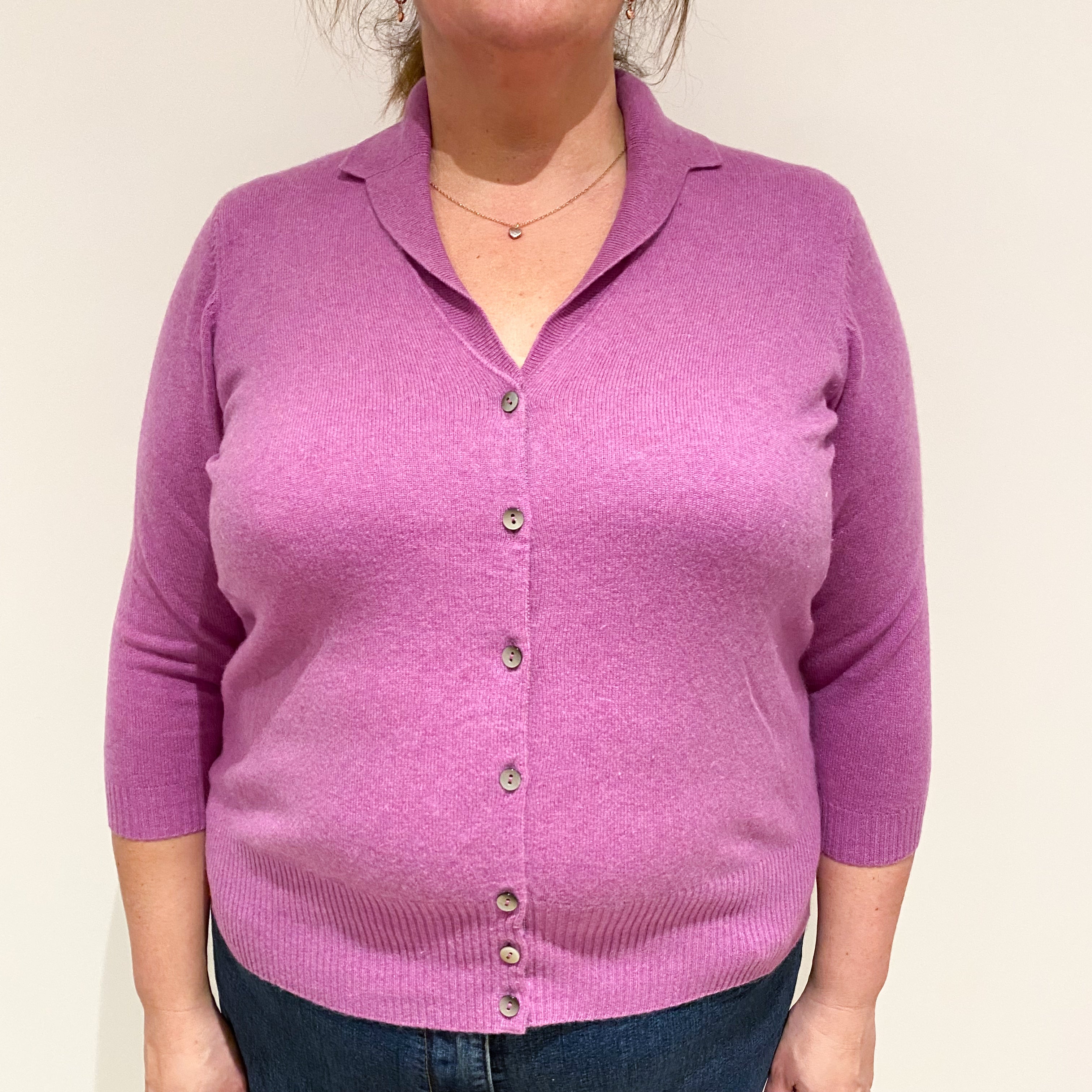 Deep Mauve Purple Collared V Neck Cashmere Cardigan Extra Large