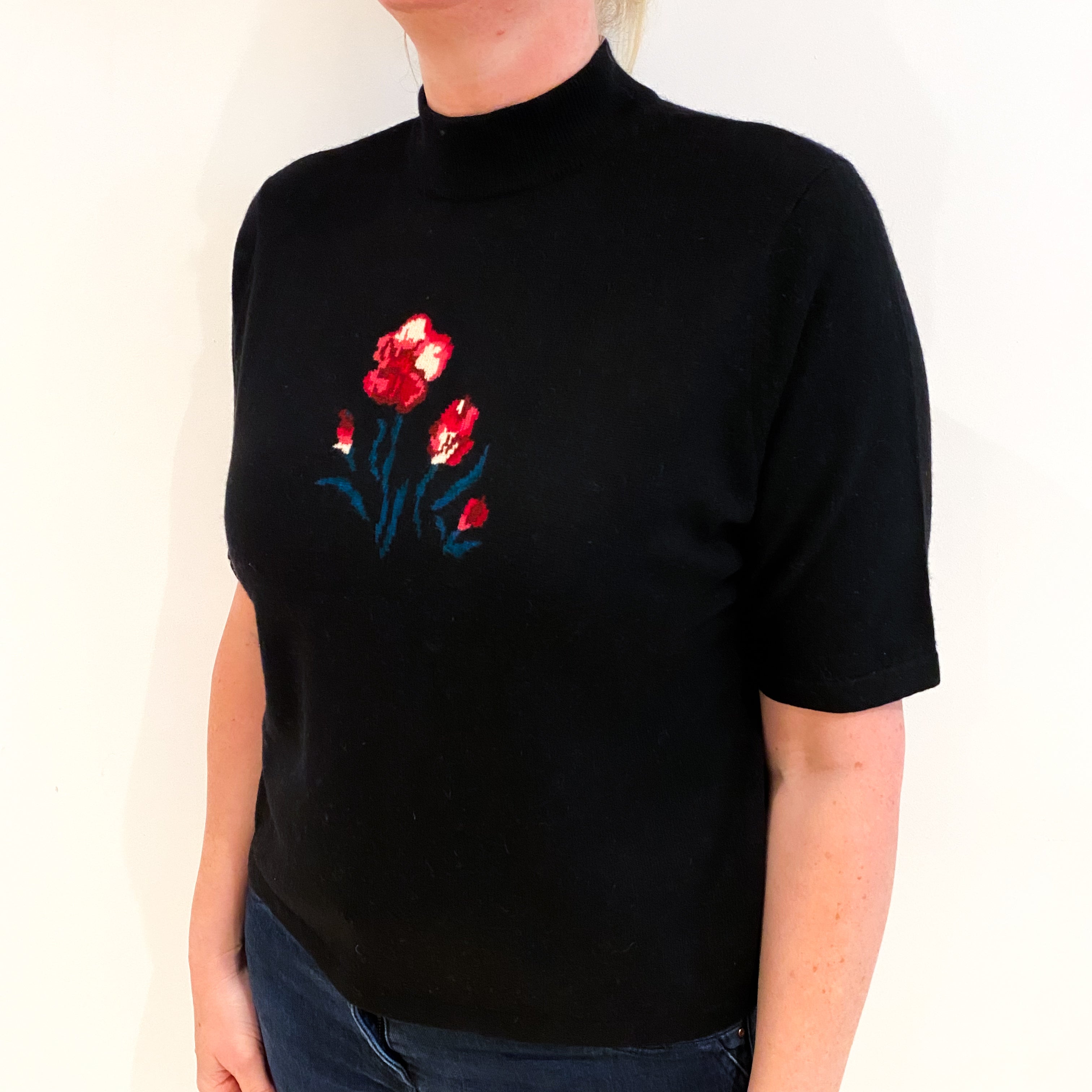 Black Floral Cashmere Turtle Neck Short Sleeved Jumper Large