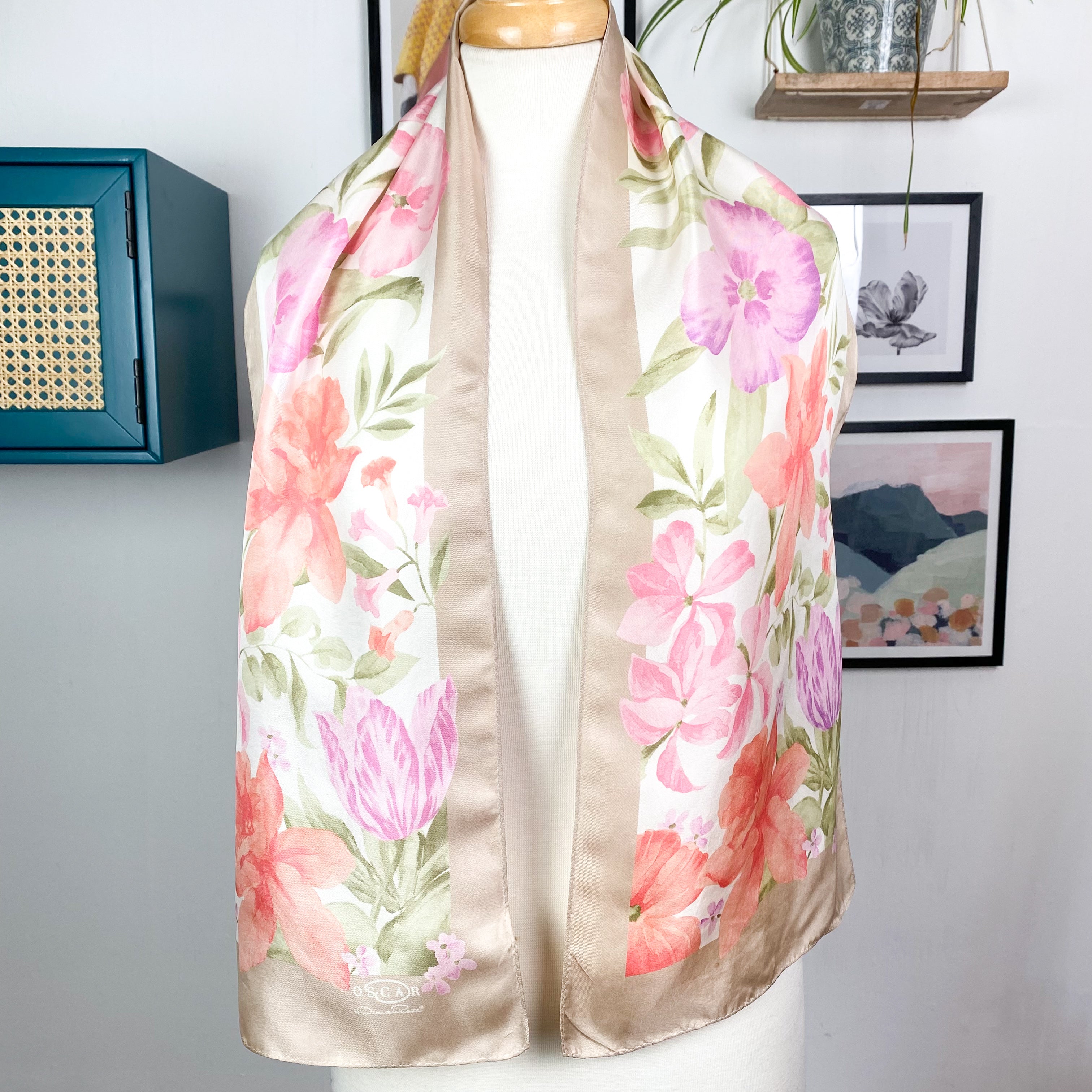 Long Floral Oscar de la Renta Vintage Silk Scarf