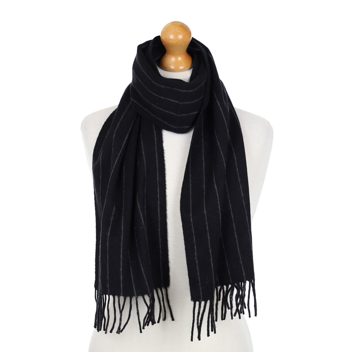 Black Pinstripe Cashmere Fringed Woven Scarf
