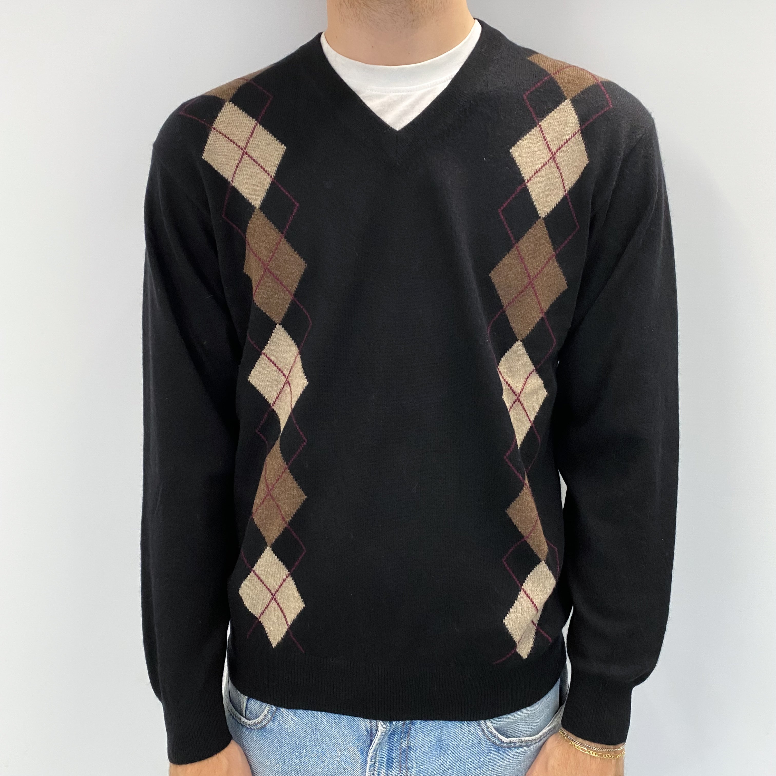 Men's Black Brown Diamond Cashmere V Neck Jumper Large
