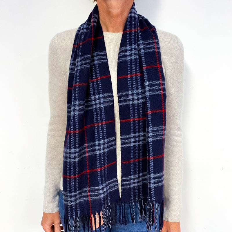 Navy Blue and Red Tartan Cashmere Fringed Woven Scarf