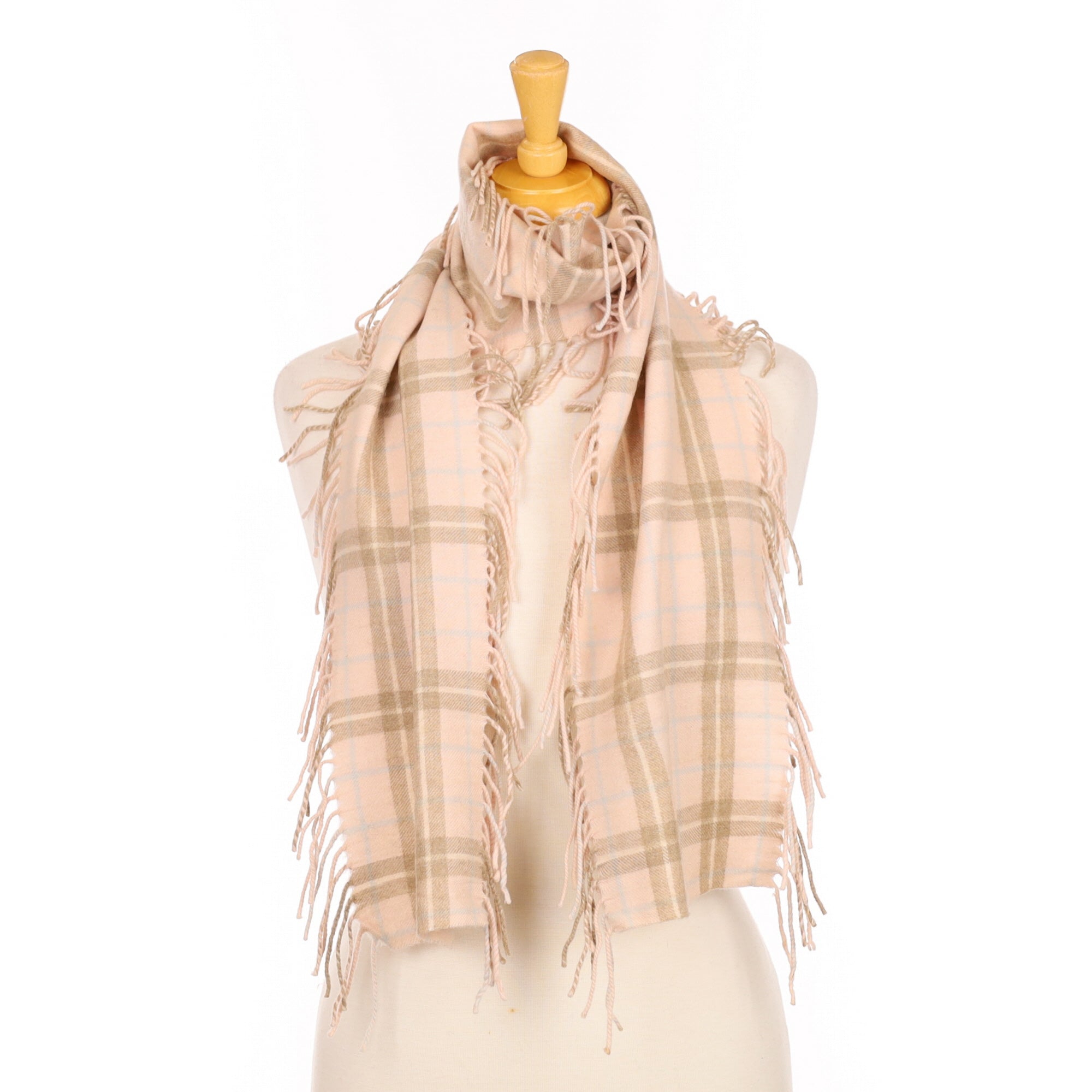 Shell Pink and Fawn Checked Cashmere Woven Scarf