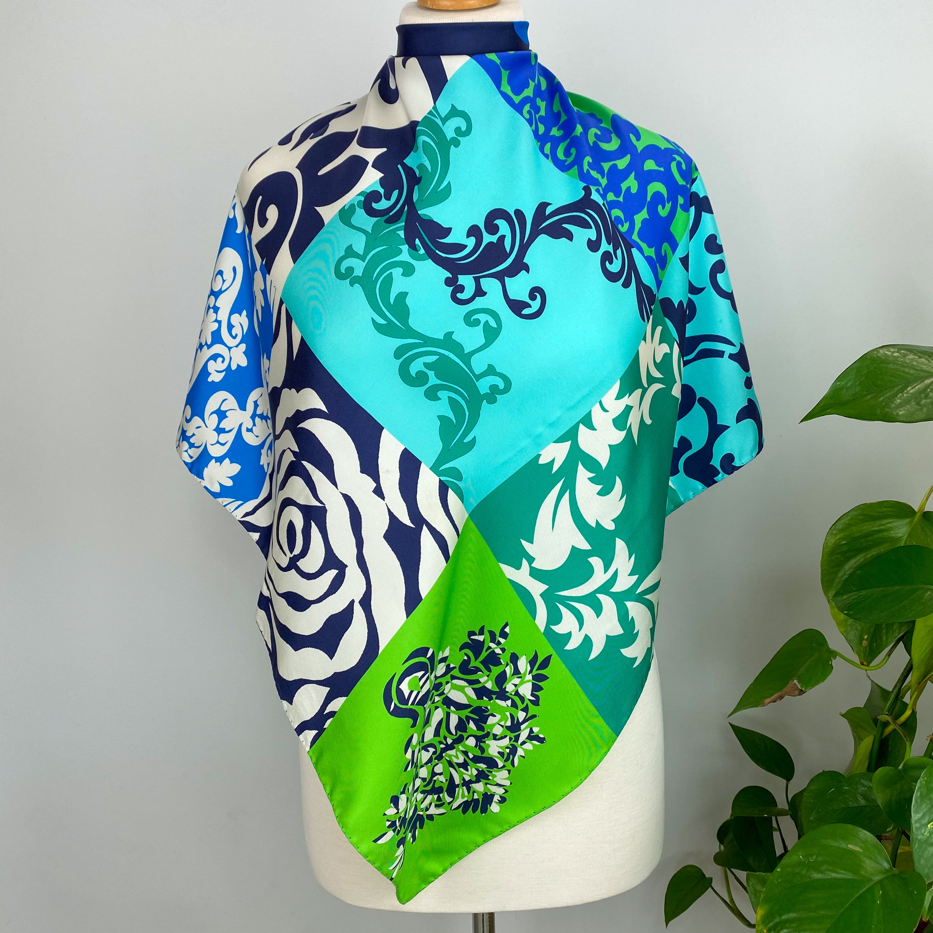 Patchwork Style Green and Blue Silk Scarf