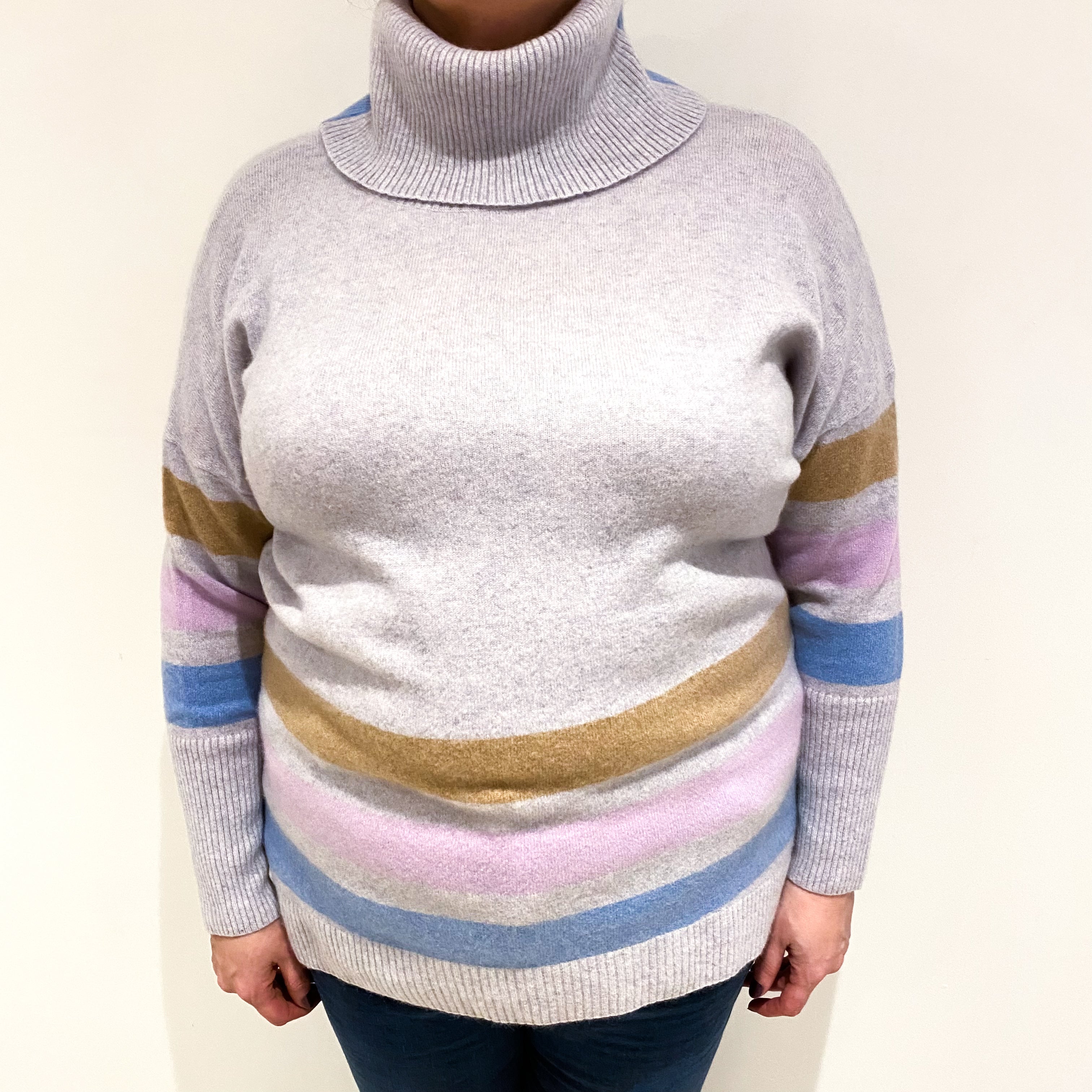 Mist Grey With Colourful Stripes Cashmere Polo Neck Jumper Extra Large