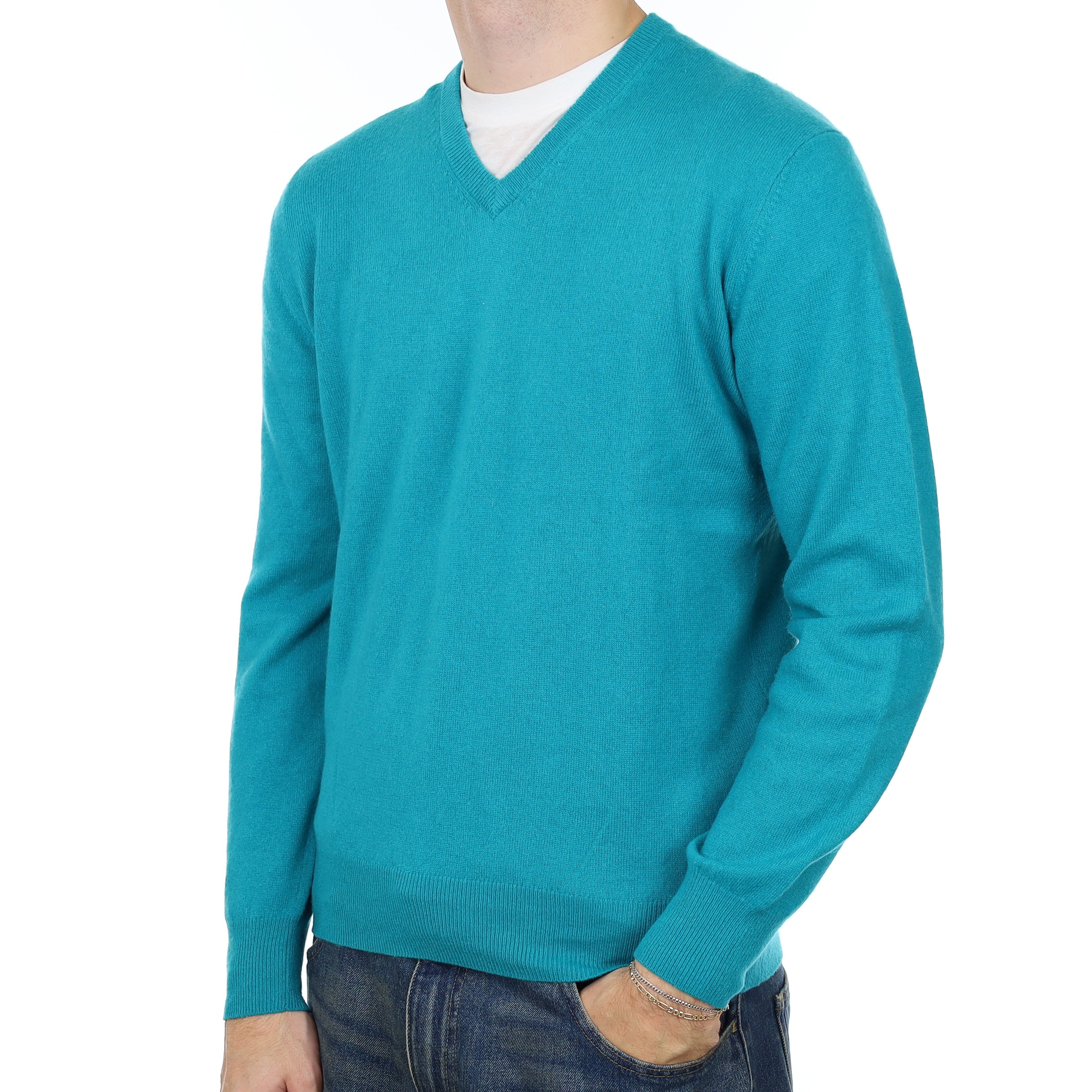 Men’s Turquoise Cashmere V Neck Jumper Medium