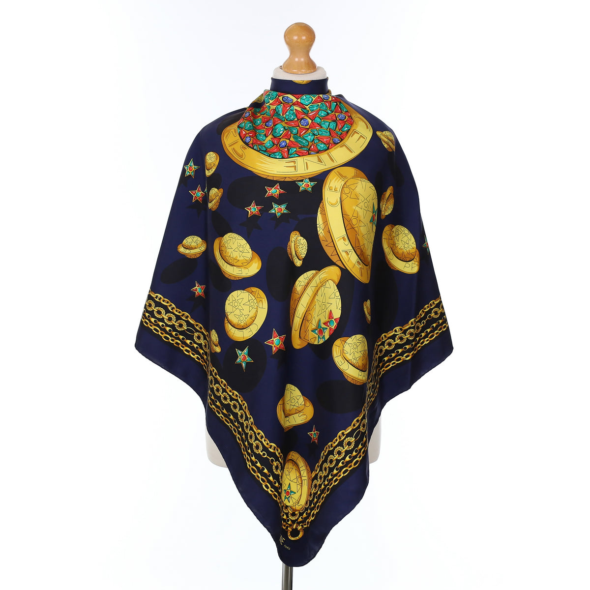 Celine Navy And Gold Jewelled Vintage Silk Scarf