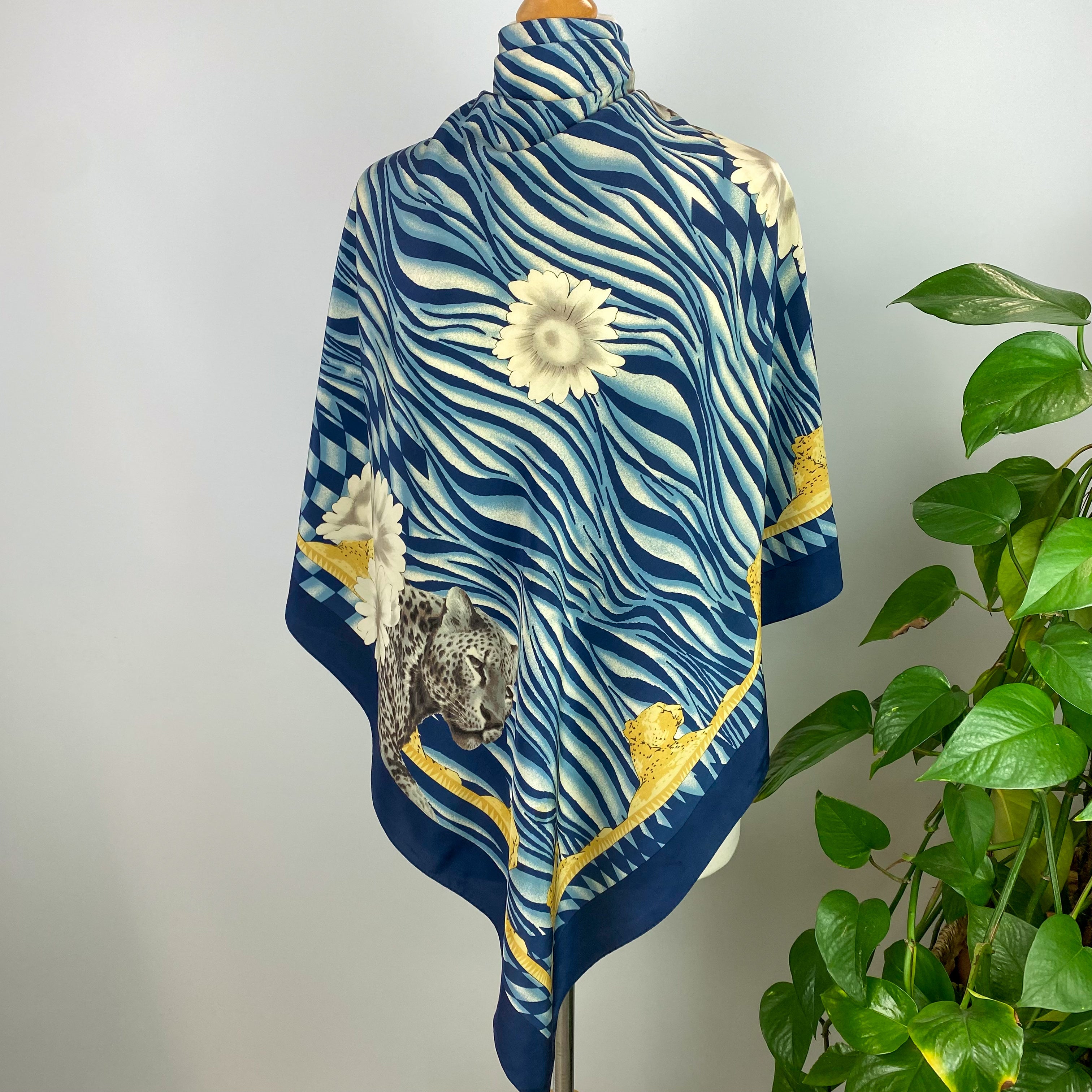 Leopard and Blue Abstract Silk Scarf