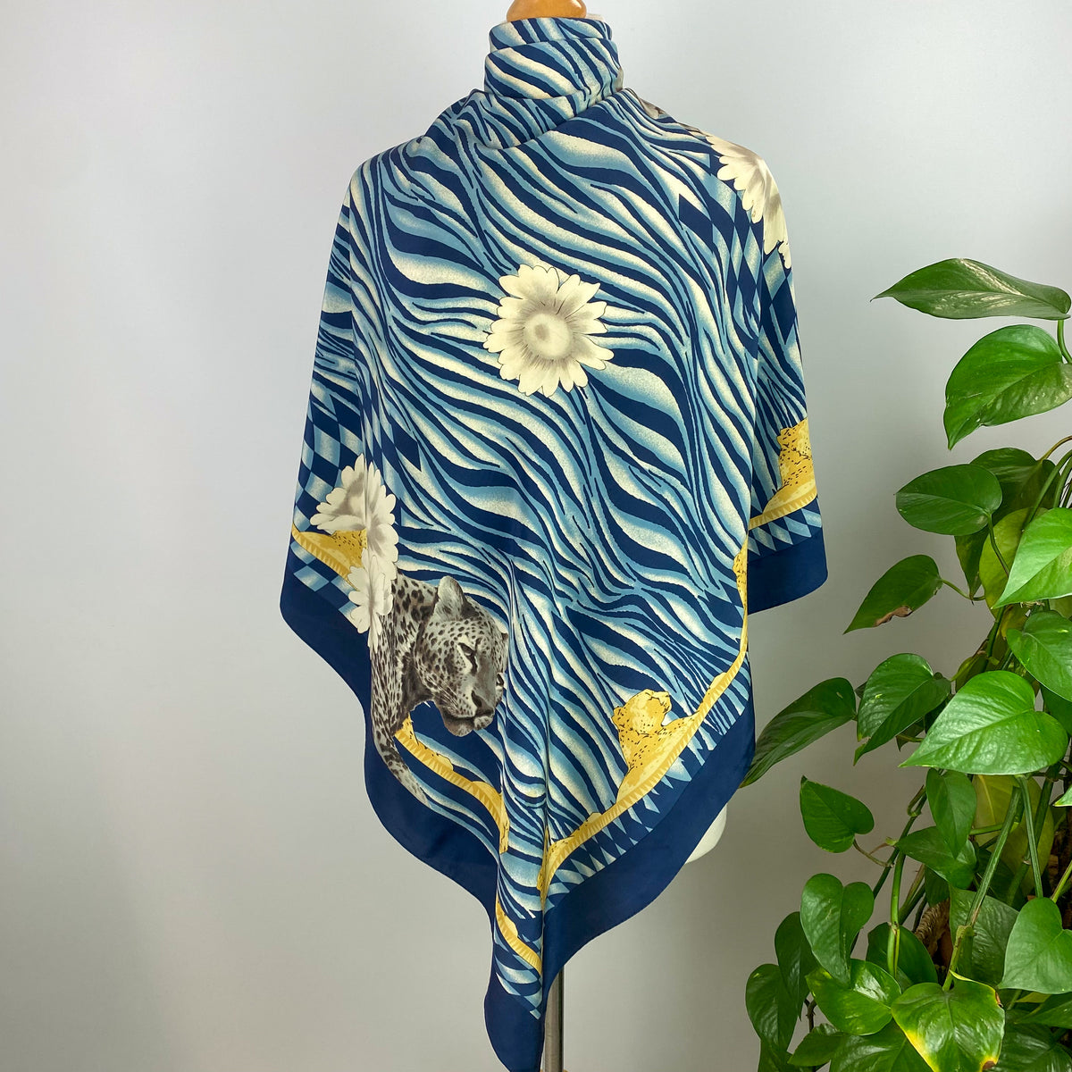 Leopard and Blue Abstract Silk Scarf