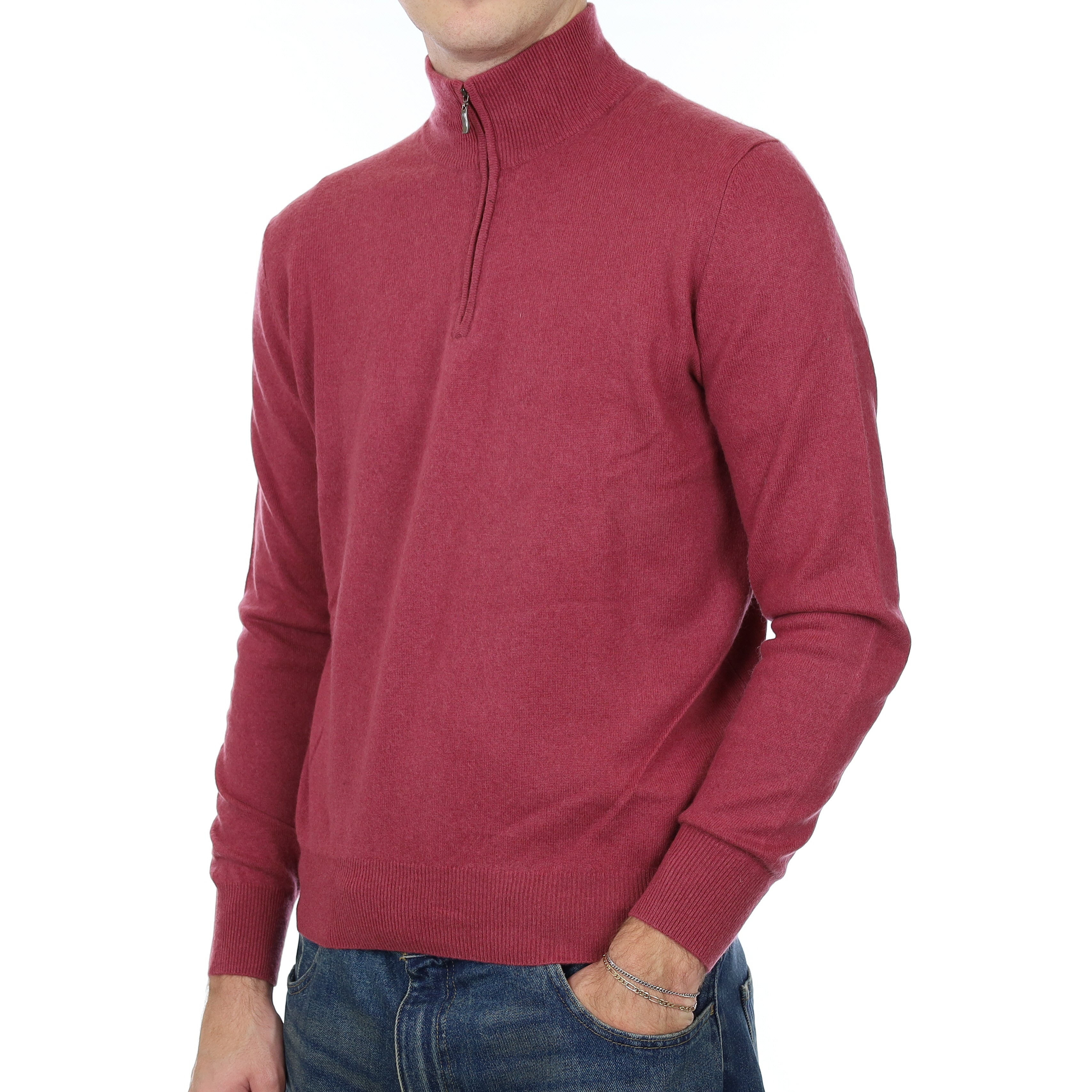 Men’s Rosewood Pink Checked Cashmere 1/4 Zip Jumper Large