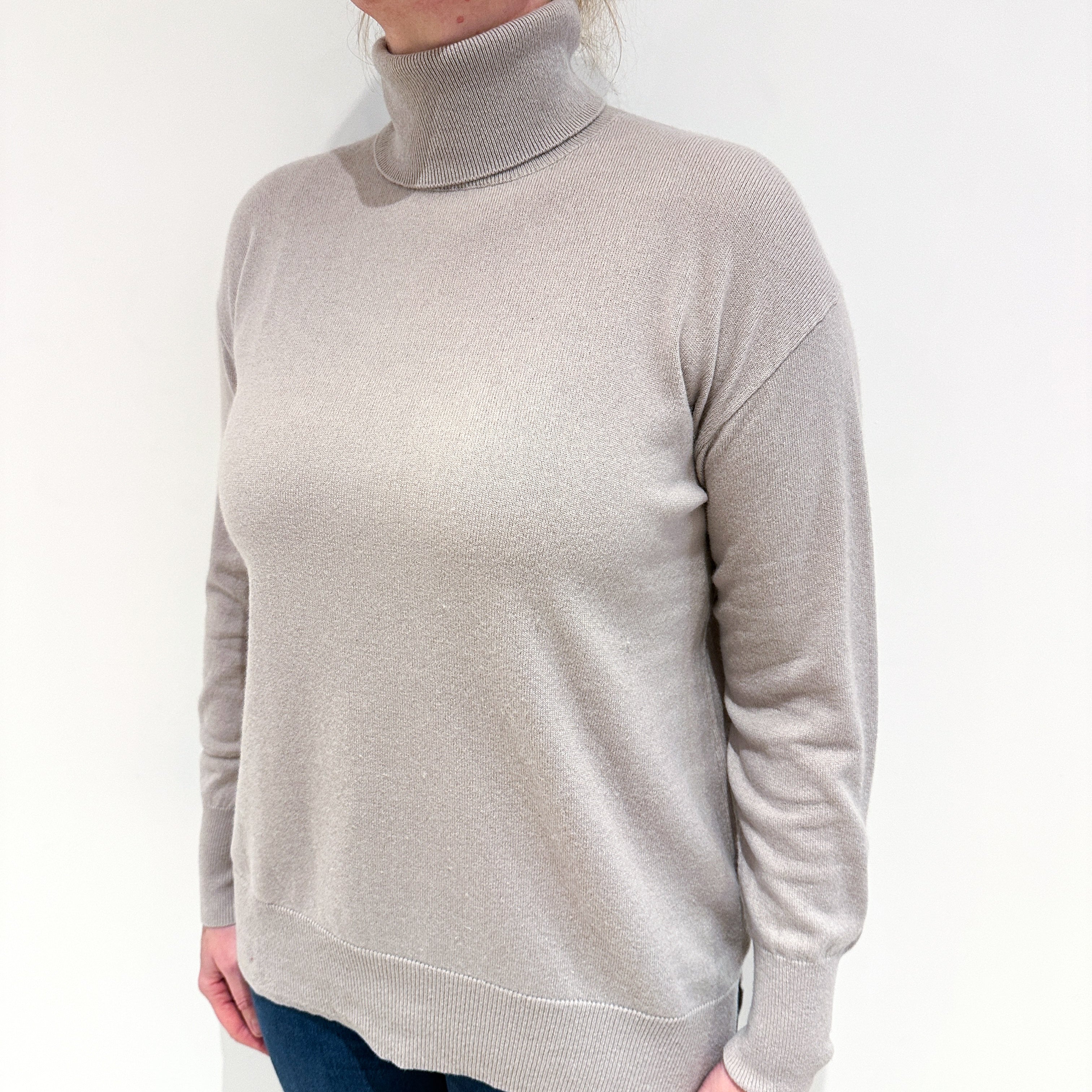 Oyster Grey Cashmere Polo Neck Jumper Large