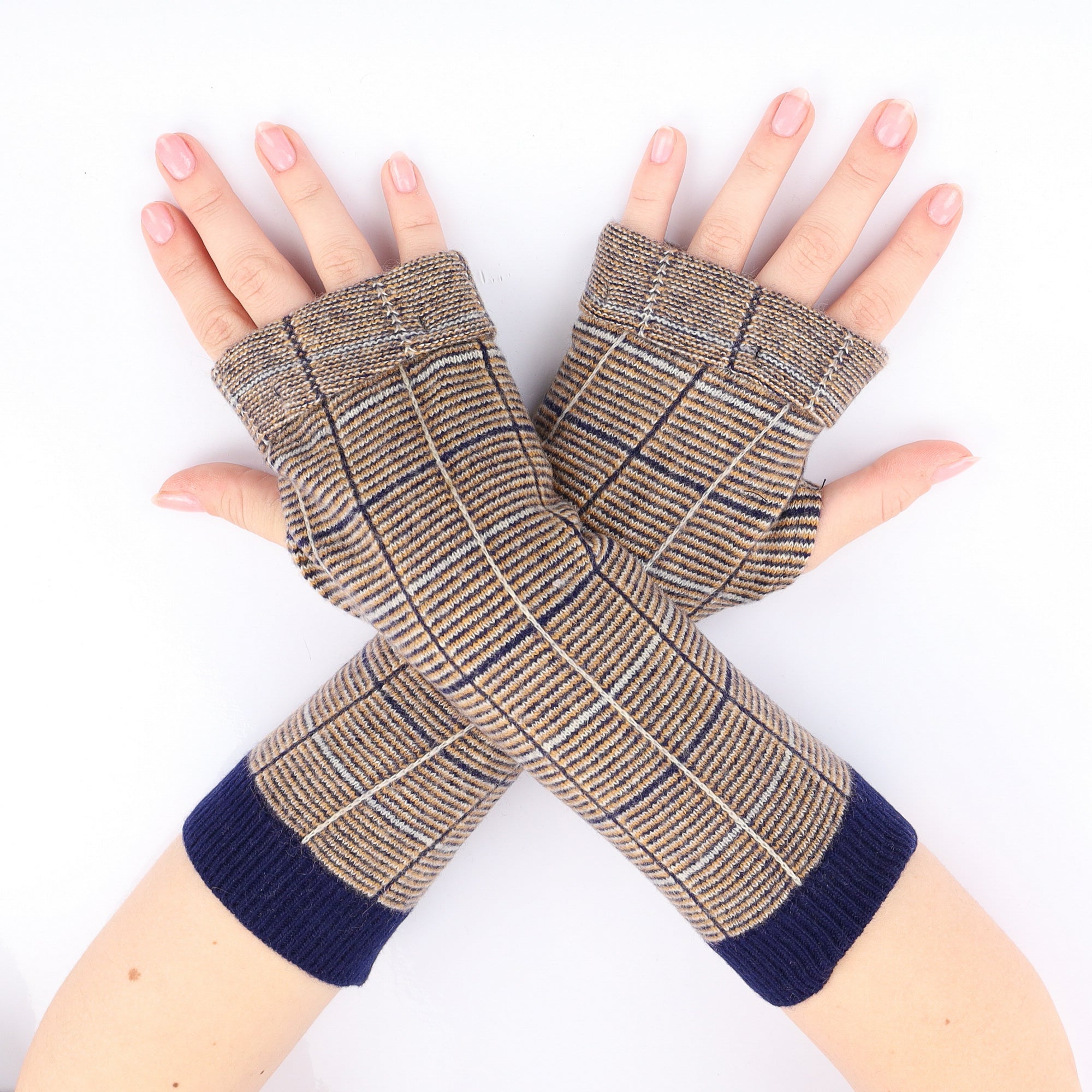 Butterscotch and Navy Patterned Fingerless Gloves