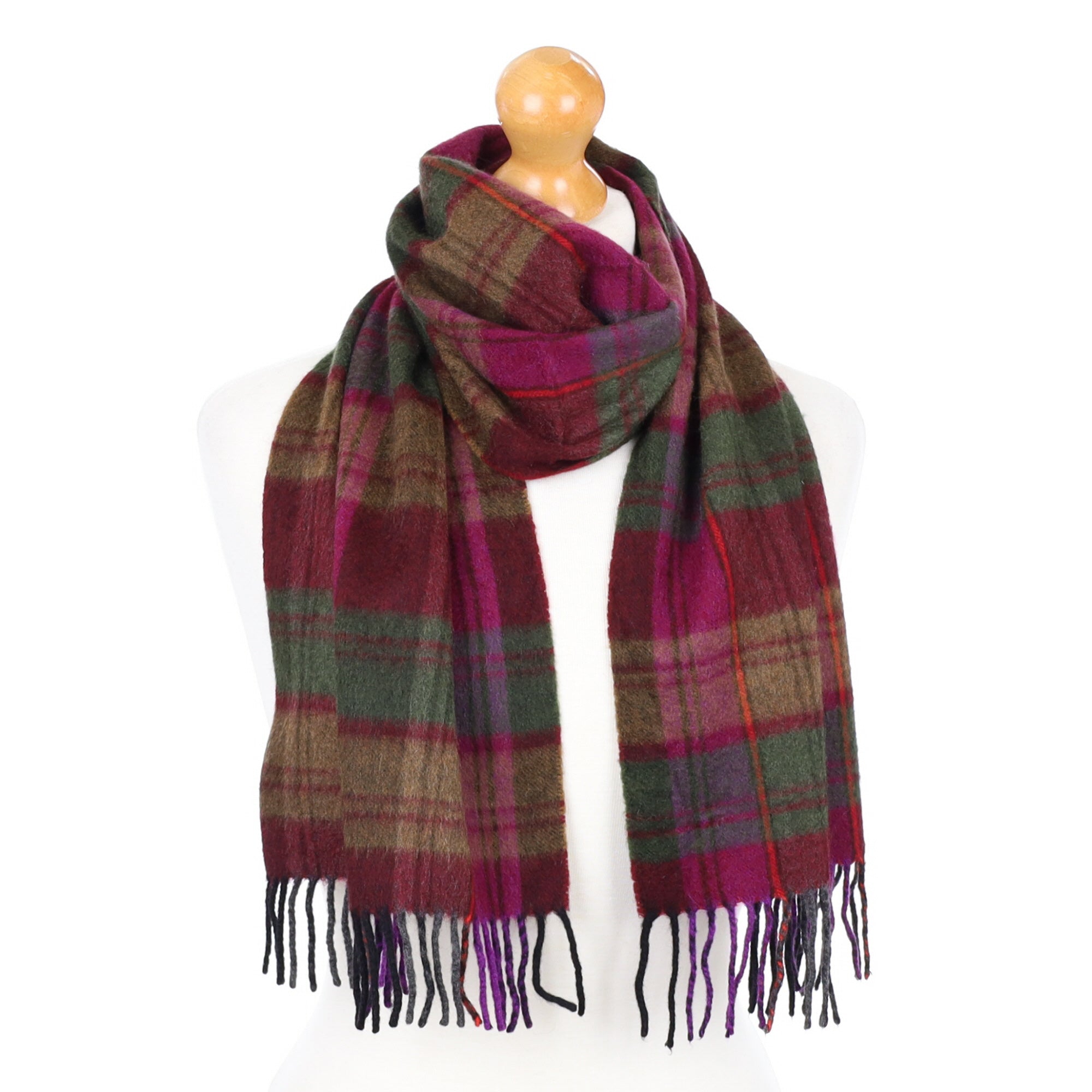 Plum and Shamrock Checked Fringed Cashmere Woven Scarf