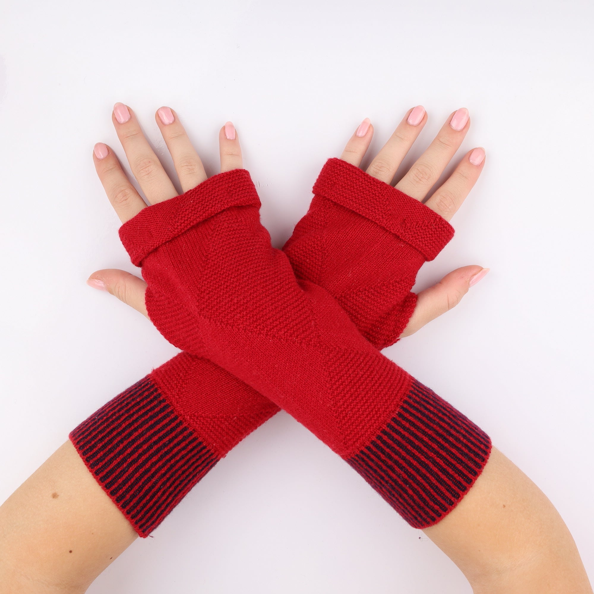Red and Navy Textured Fingerless Gloves