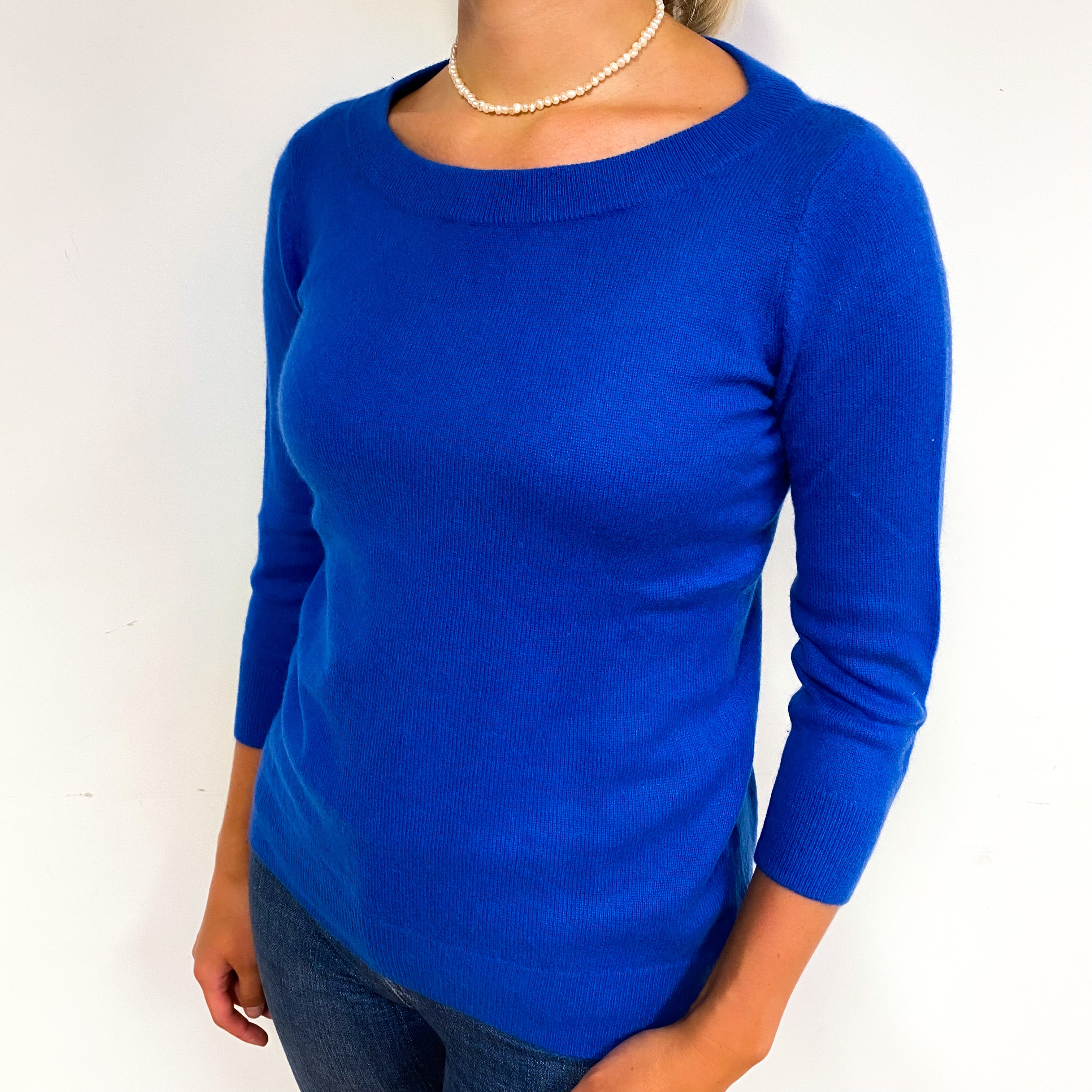 Azure Blue 3/4 Sleeve Cashmere Crew Neck Jumper Small