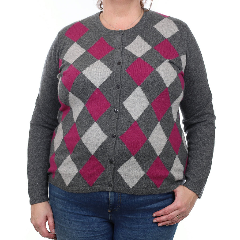 Grey and Magenta Argyle Cashmere Crew Neck Cardigan Extra Large