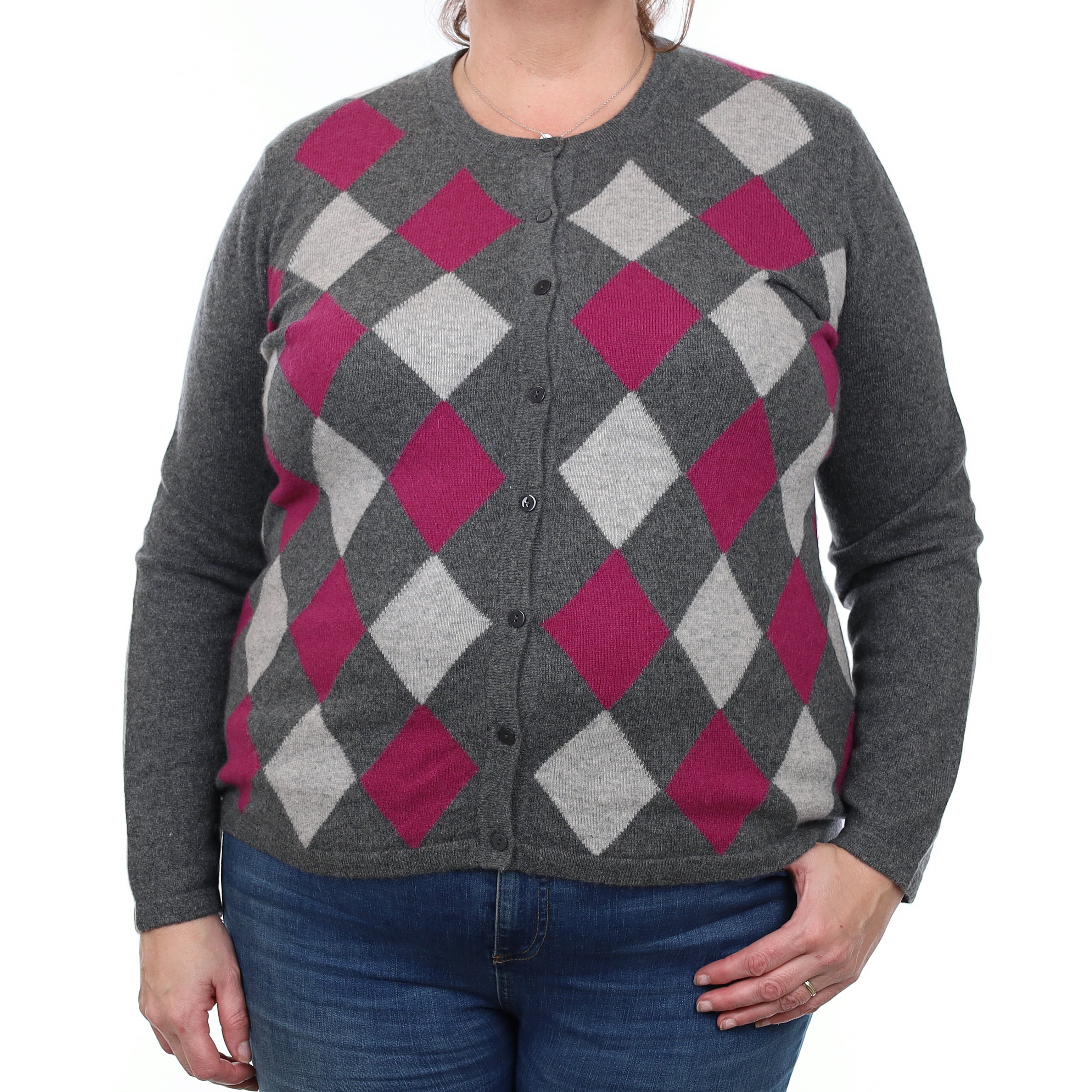Grey and Magenta Argyle Cashmere Crew Neck Cardigan Extra Large
