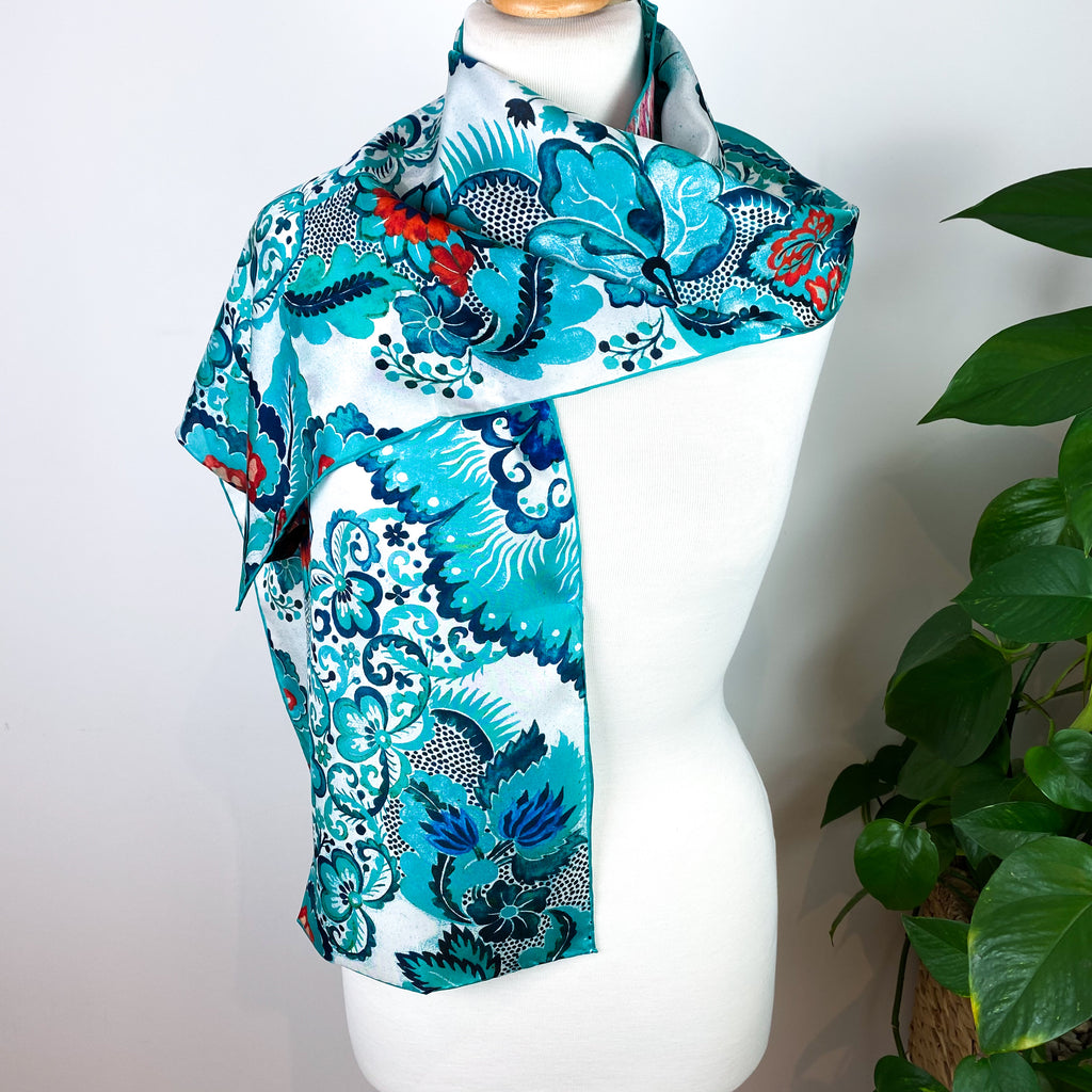 Turquoise Floral Long Silk Scarf
