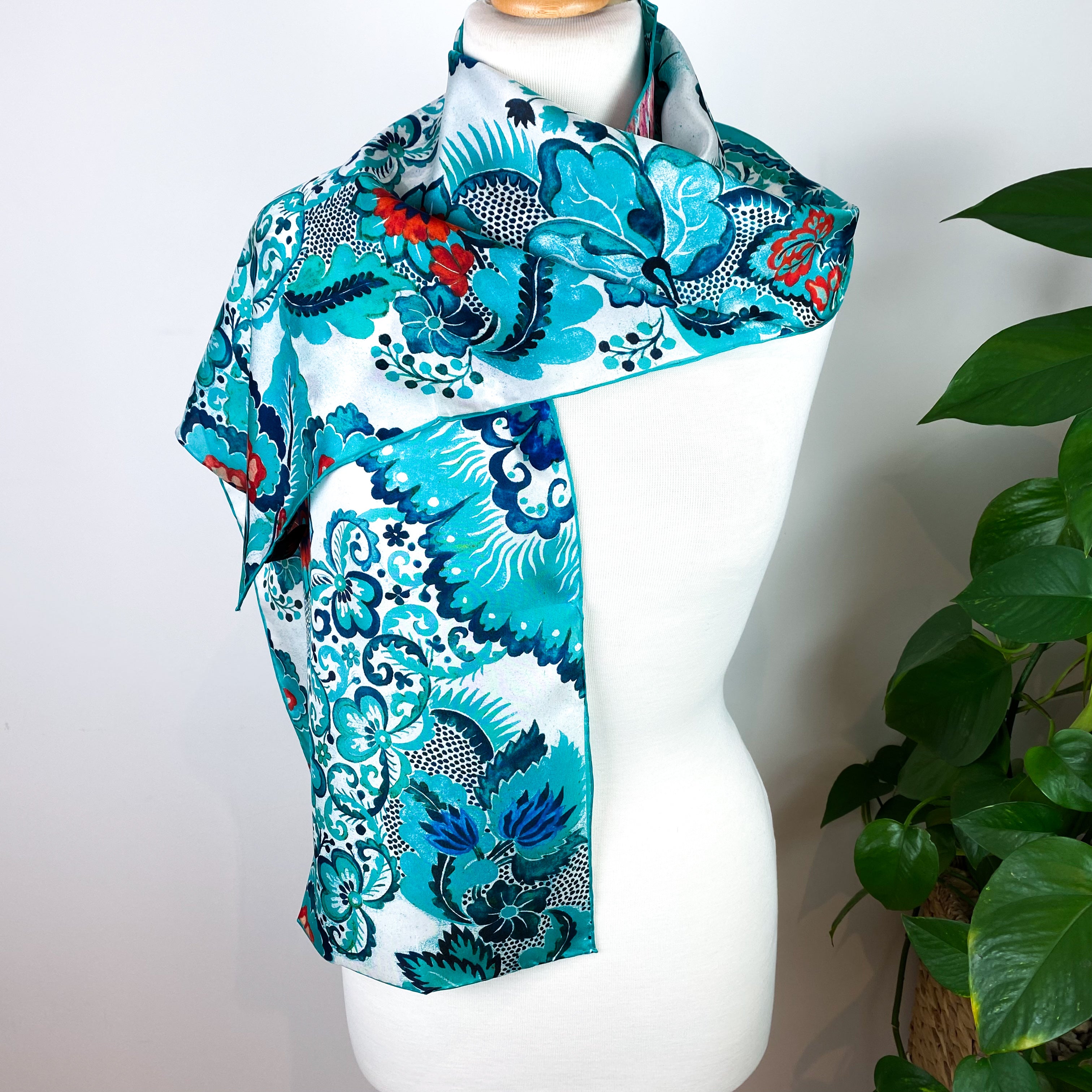Turquoise Floral Long Silk Scarf