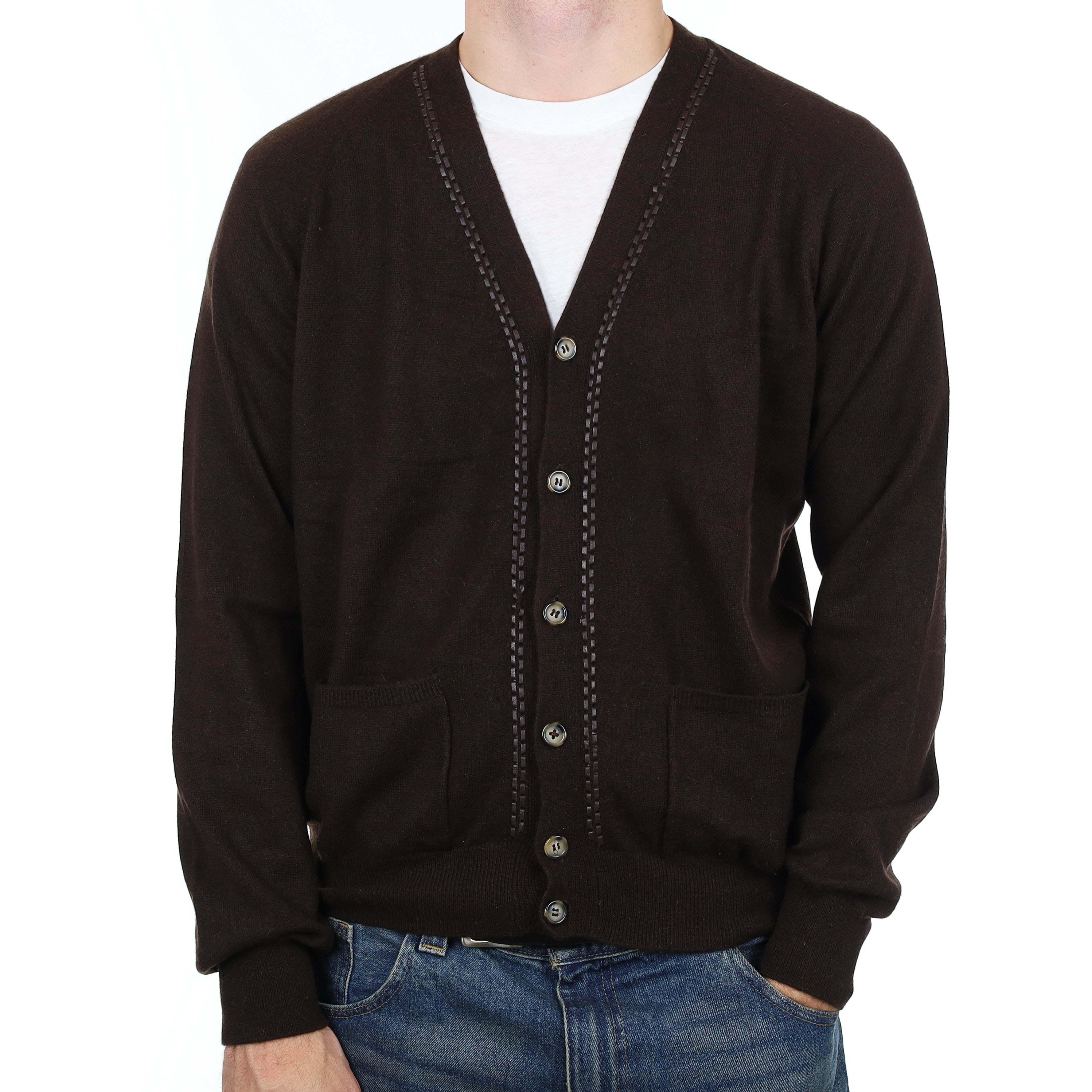 Men’s Chocolate Brown Cashmere V Neck Cardigan with Pockets Large