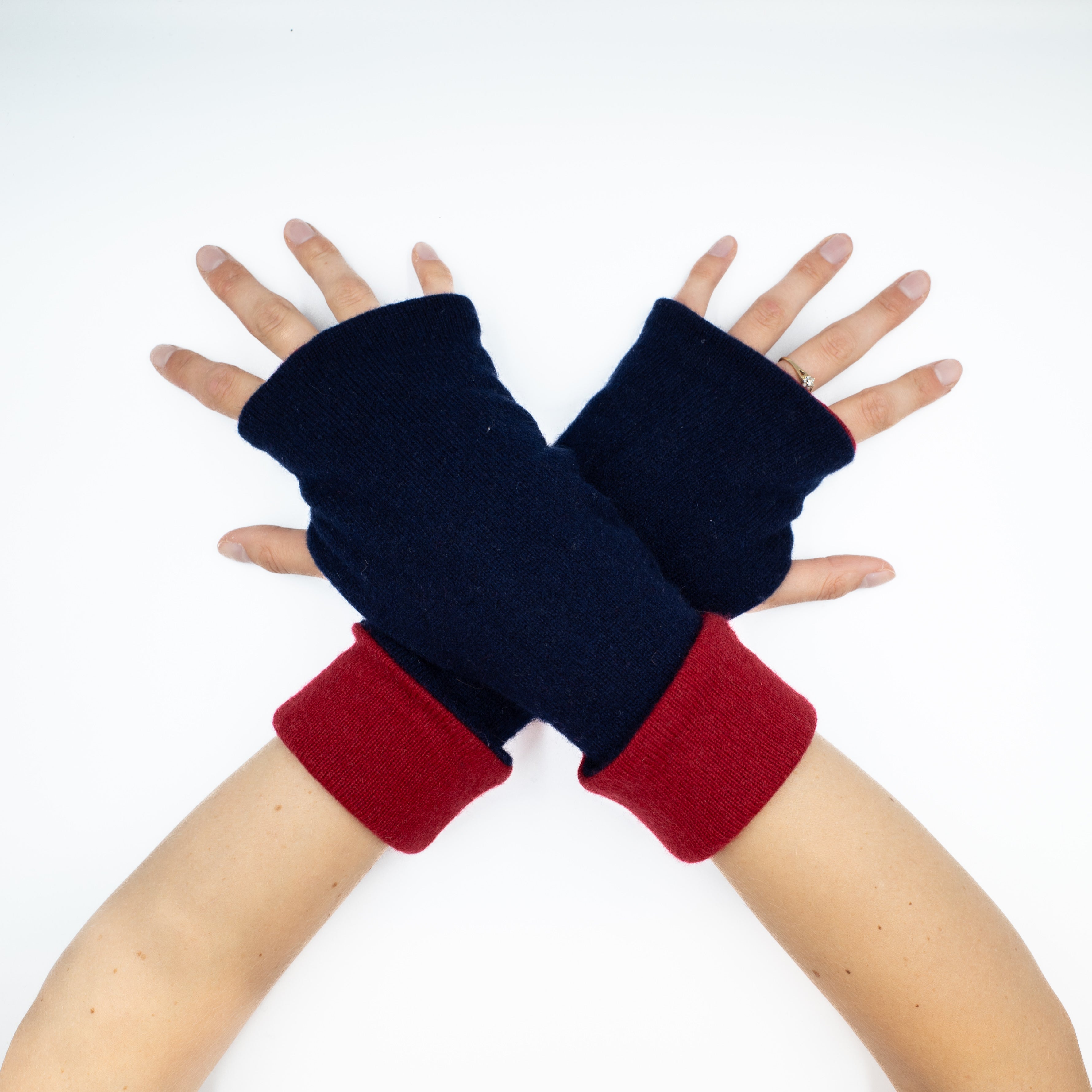Post Box Red and Navy Reversible Fingerless Gloves
