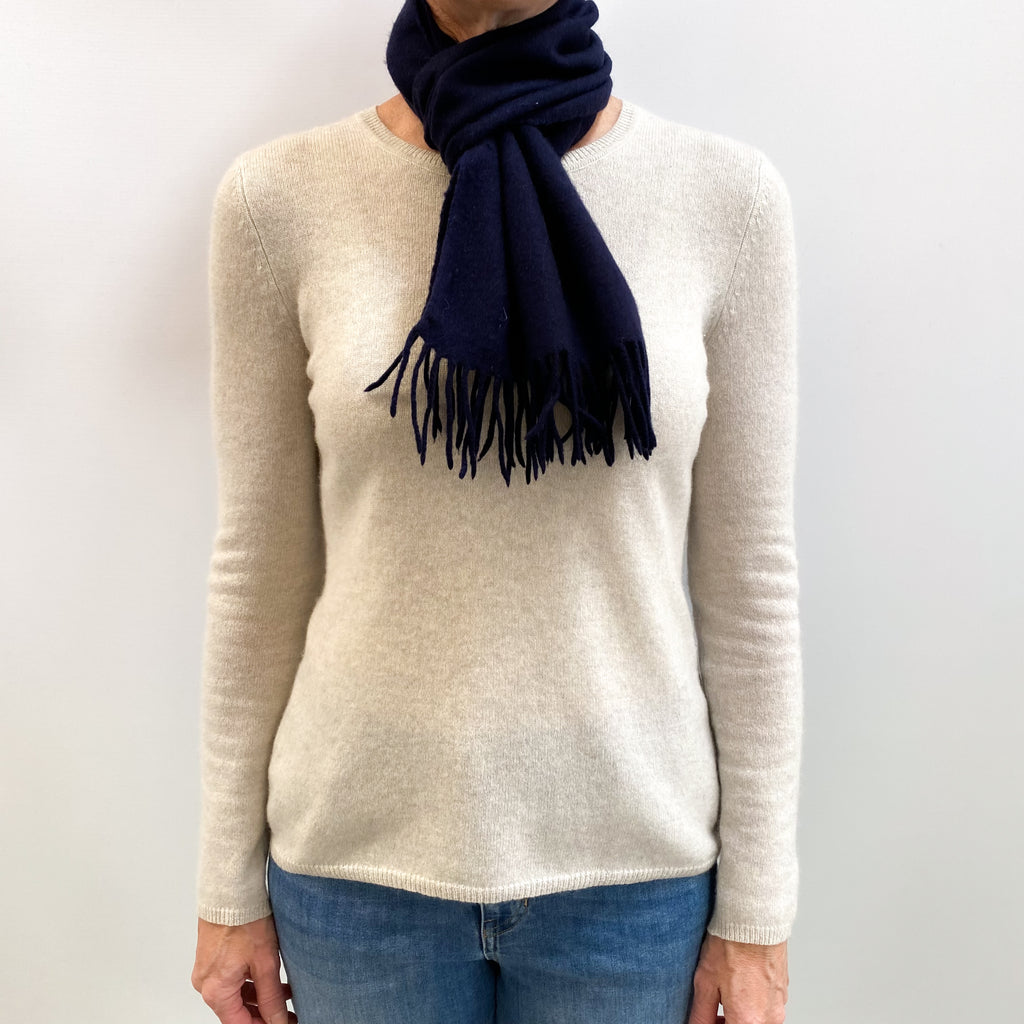 Navy Blue Fringed Cashmere Woven Scarf