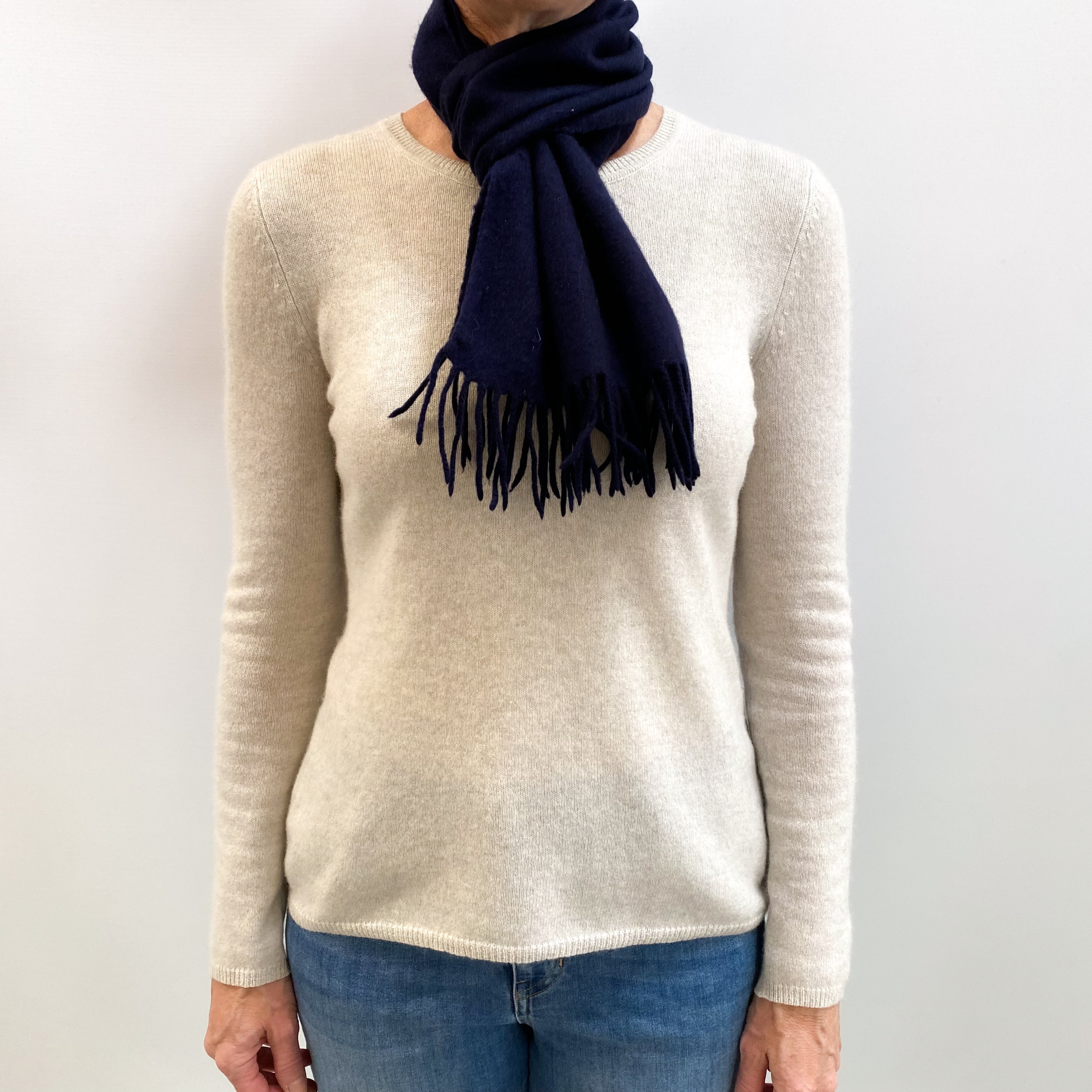 Navy Blue Fringed Cashmere Woven Scarf