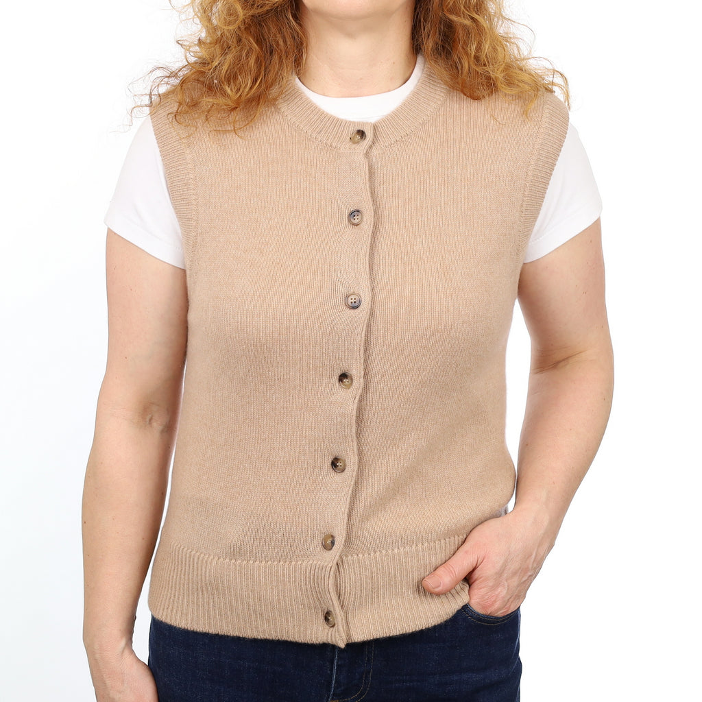 Brand New Caramel Luxury Cashmere Crew Neck Waistcoat Medium UK 12-14