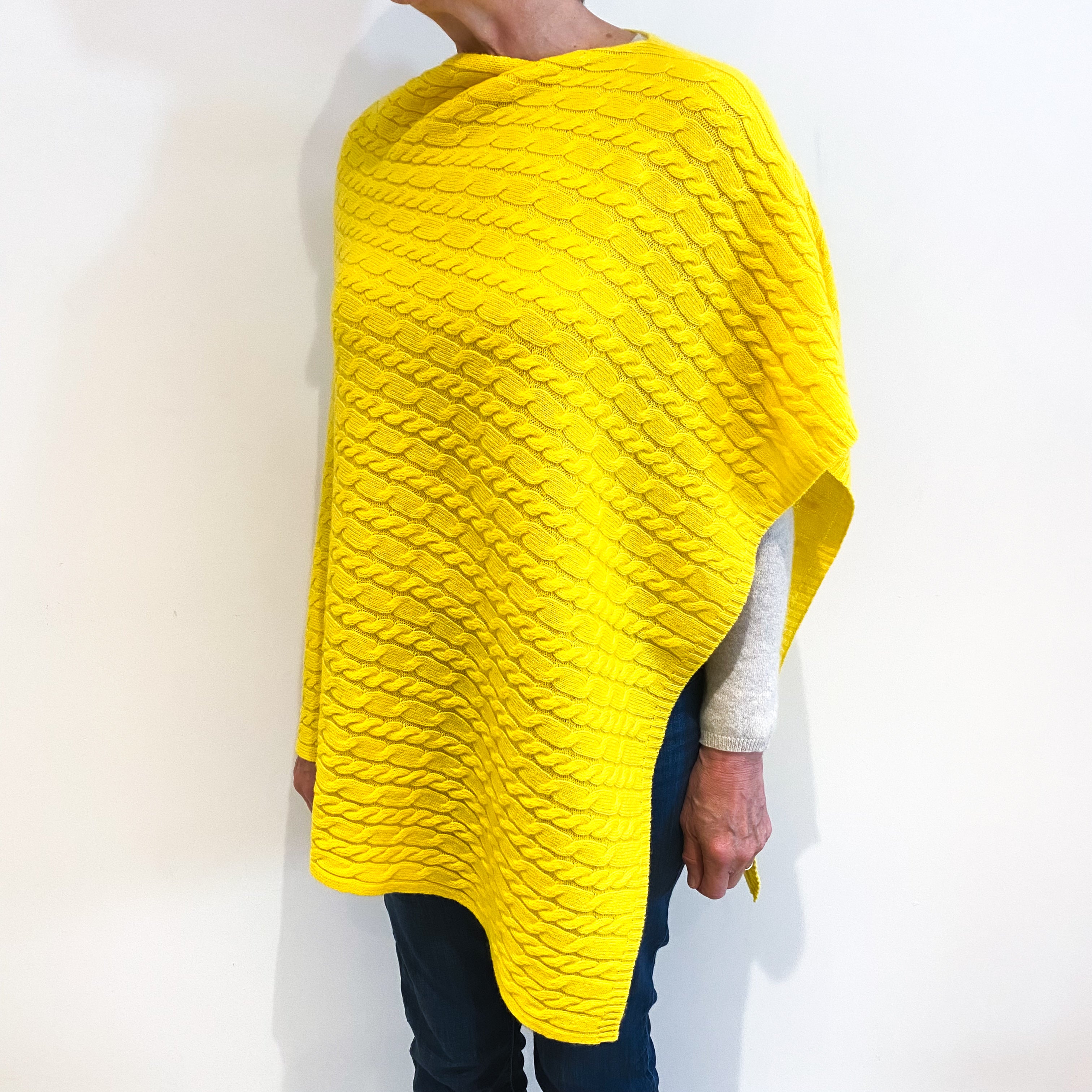 Brand New Scottish Vivid Yellow Cashmere Cable Poncho One Size