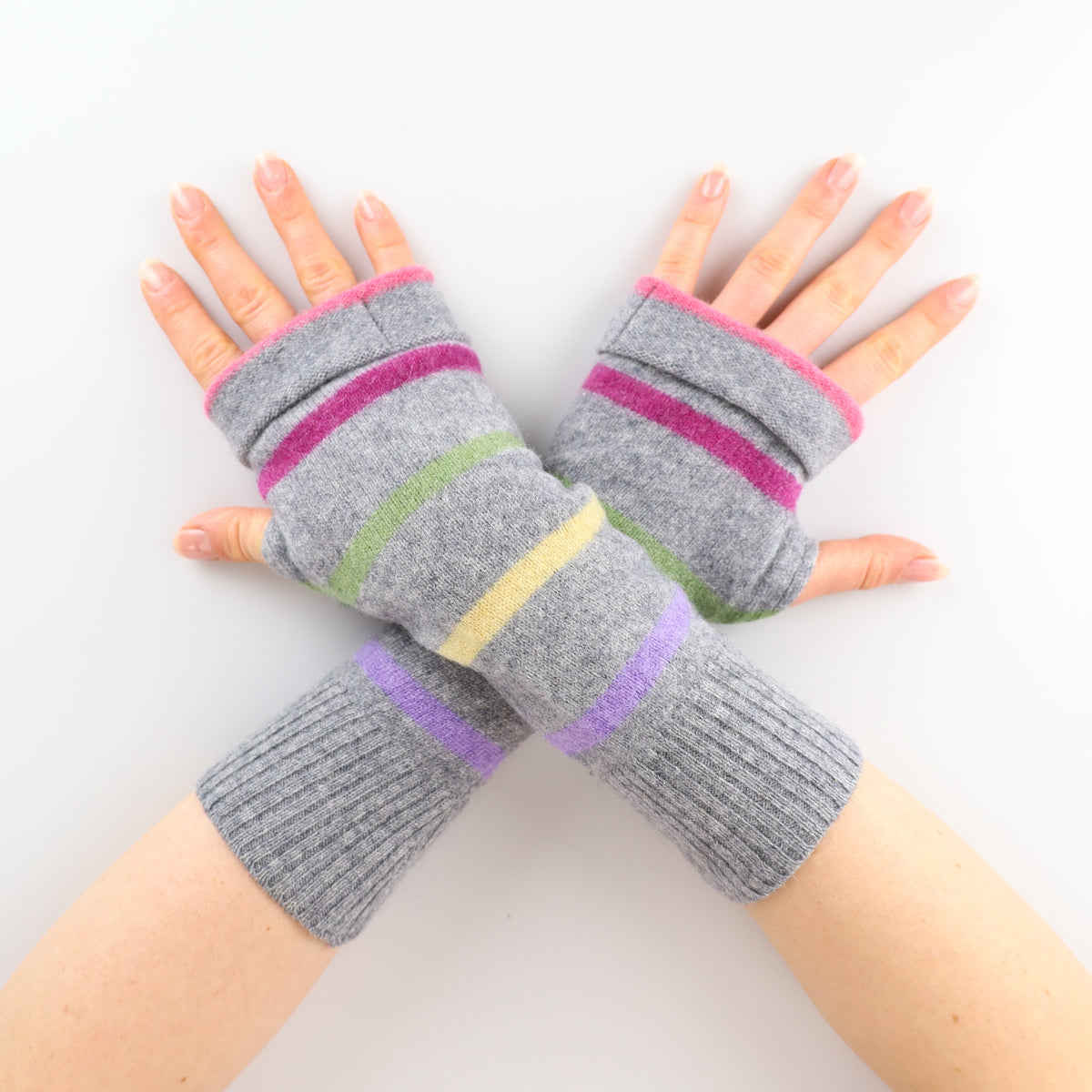 Grey and Multicolour Striped Fingerless Gloves