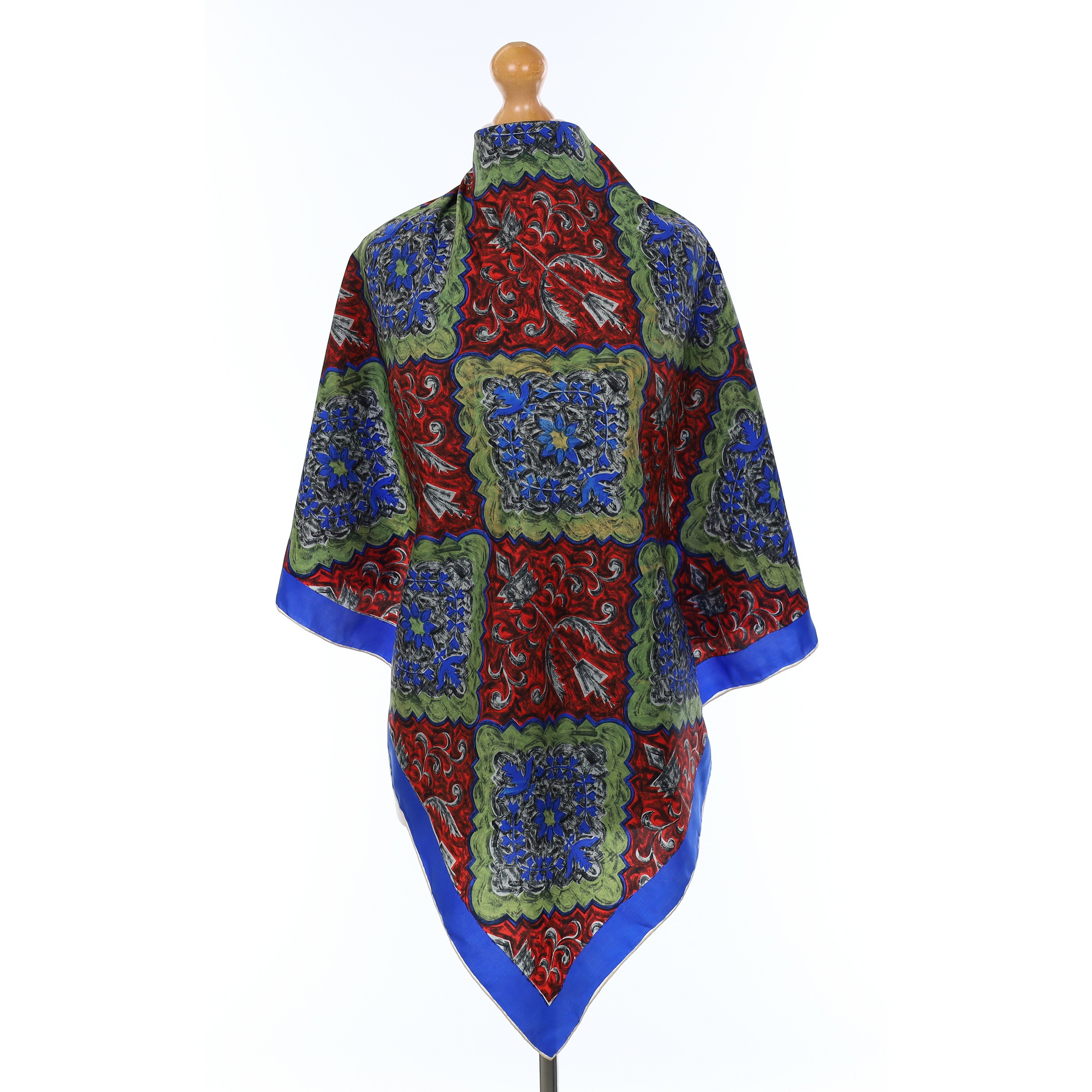 1960’s Blue And Red Artistic Vintage Silk Scarf