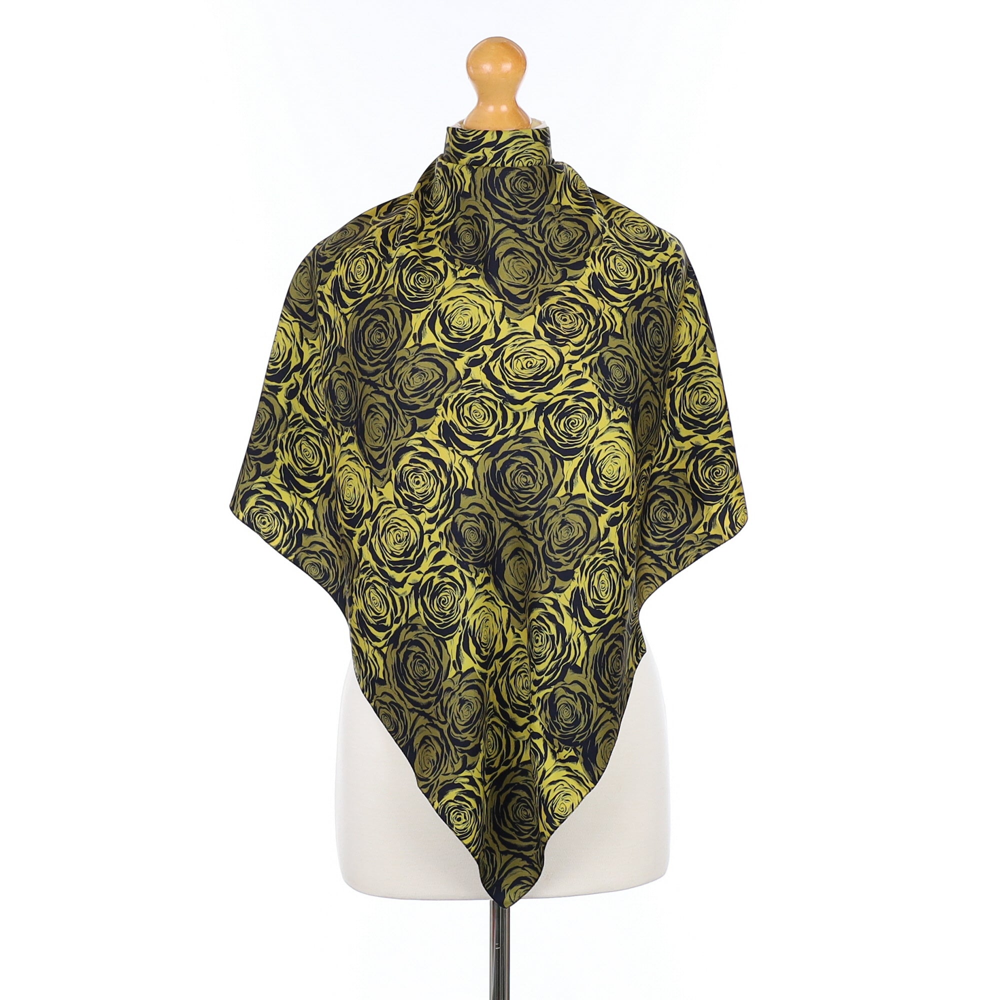 Two Tone Green and Black Rose Design Silk Scarf