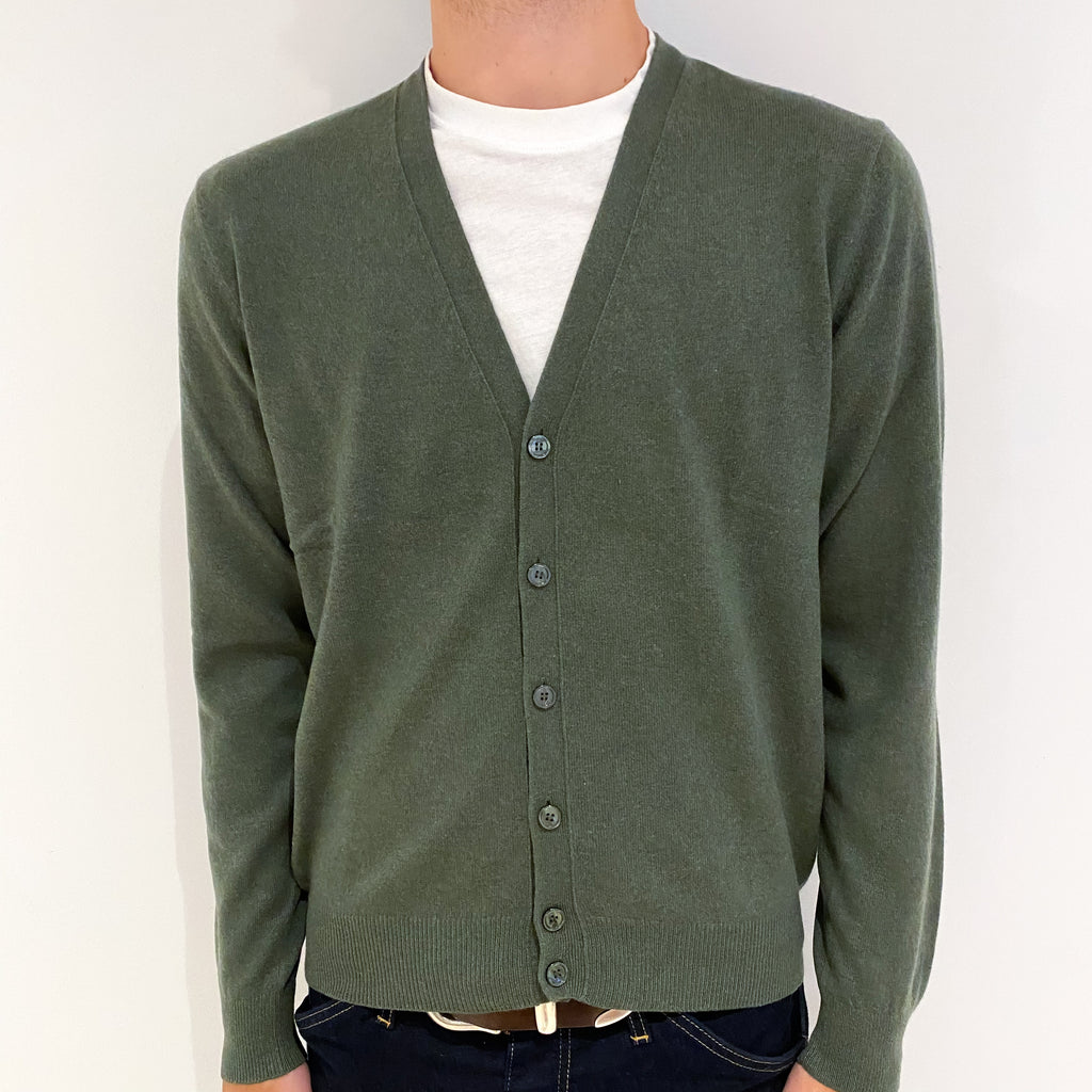 Men's Seaweed Green Cashmere V-Neck Cardigan Medium