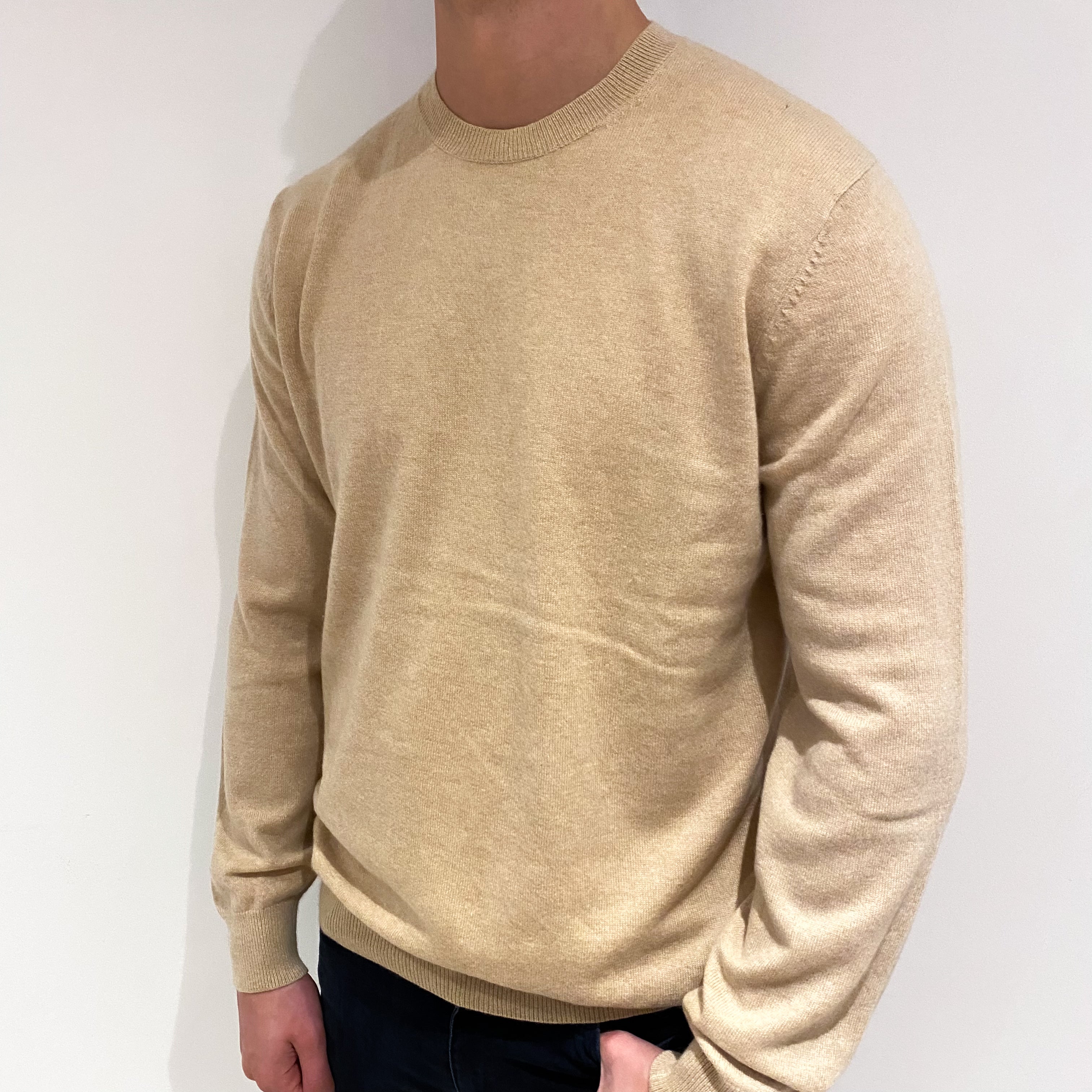 Men's Sand Beige Cashmere Crew Neck Jumper XL