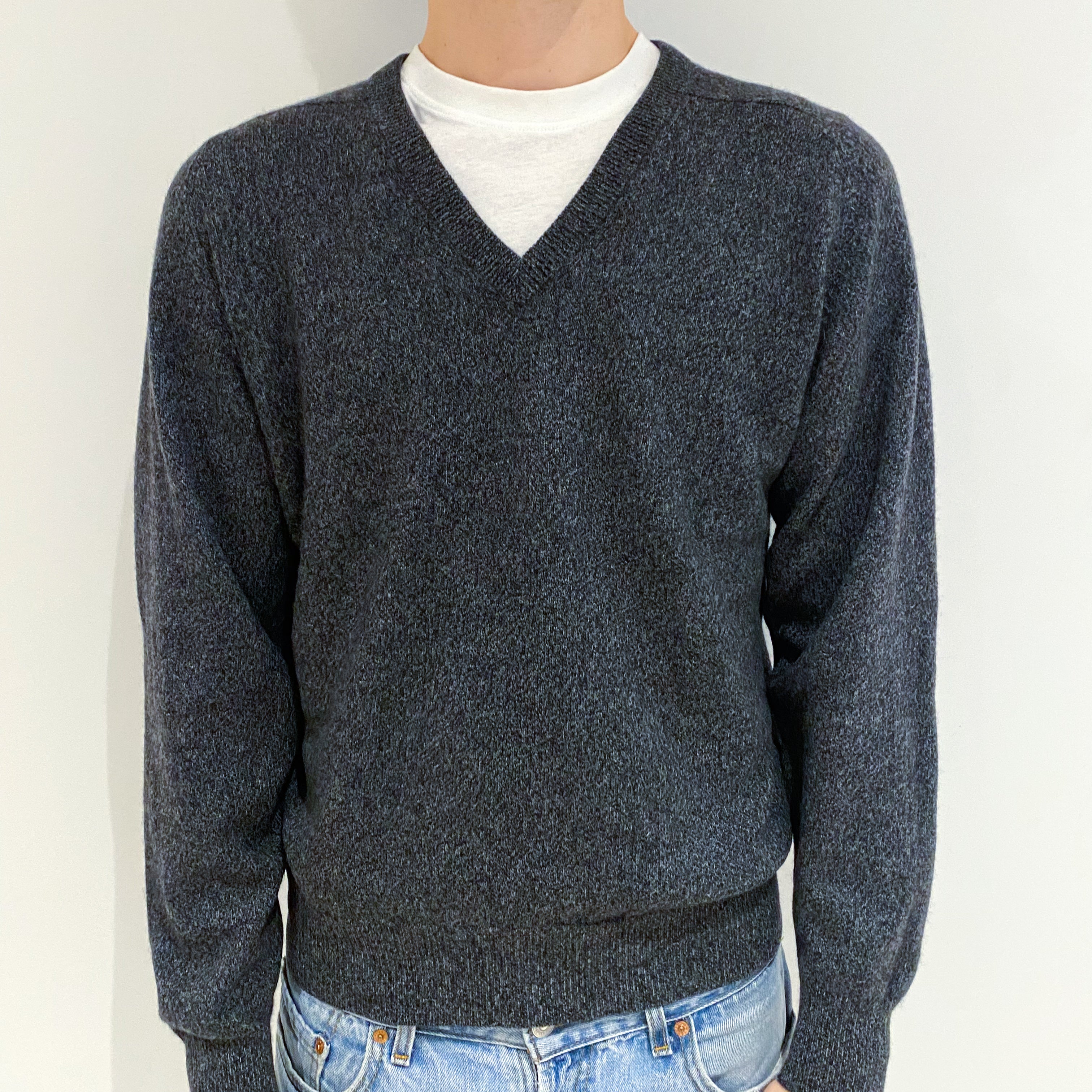 Men's Charcoal Grey Marl Cashmere V-Neck Jumper Large