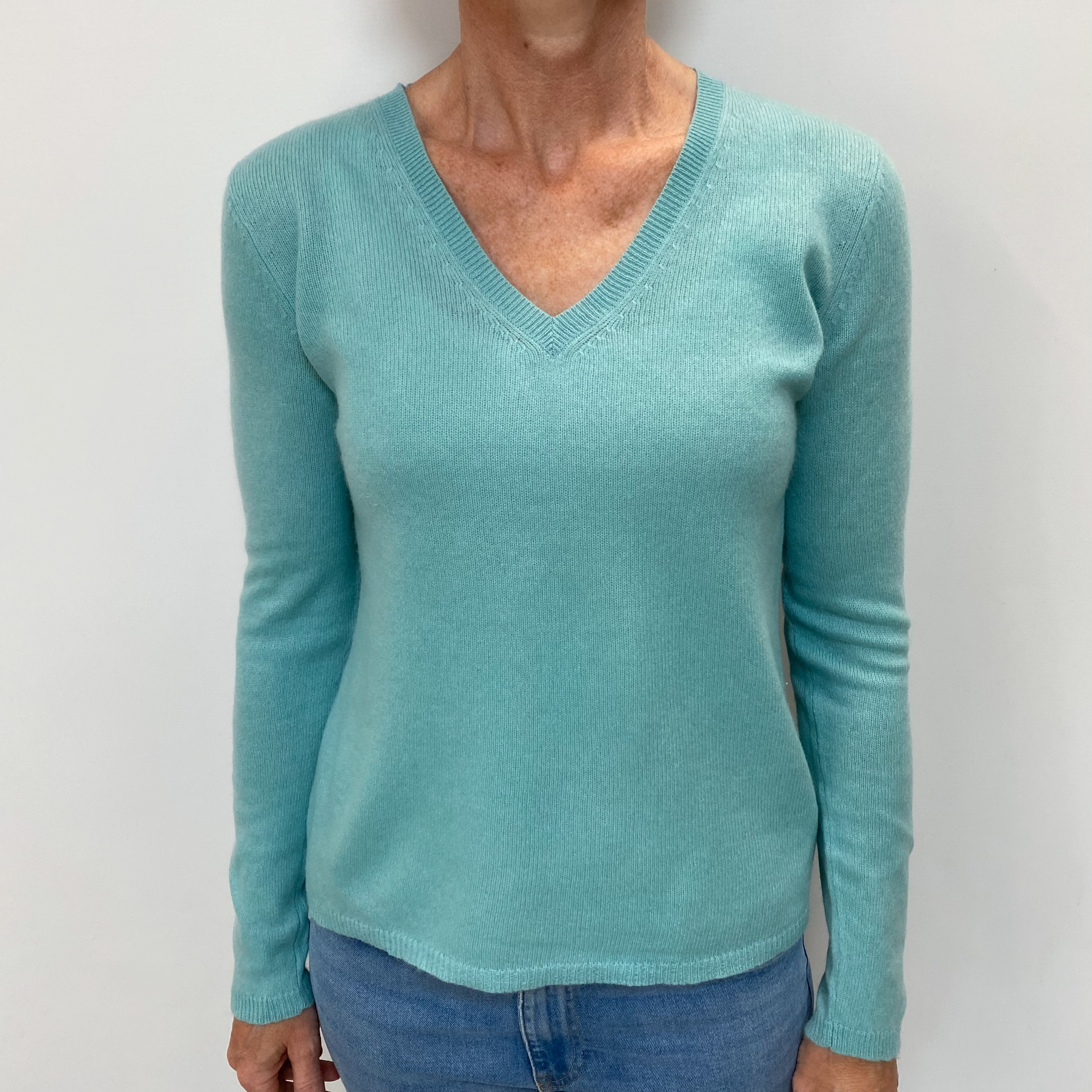 Pale Aqua Cashmere V Neck Jumper Small