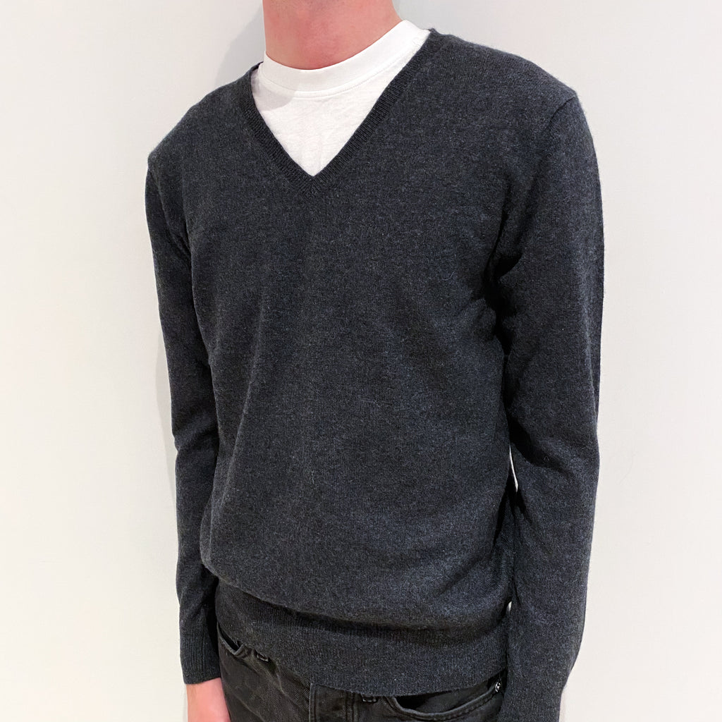 Men's Charcoal Grey Cashmere V-Neck Jumper Small