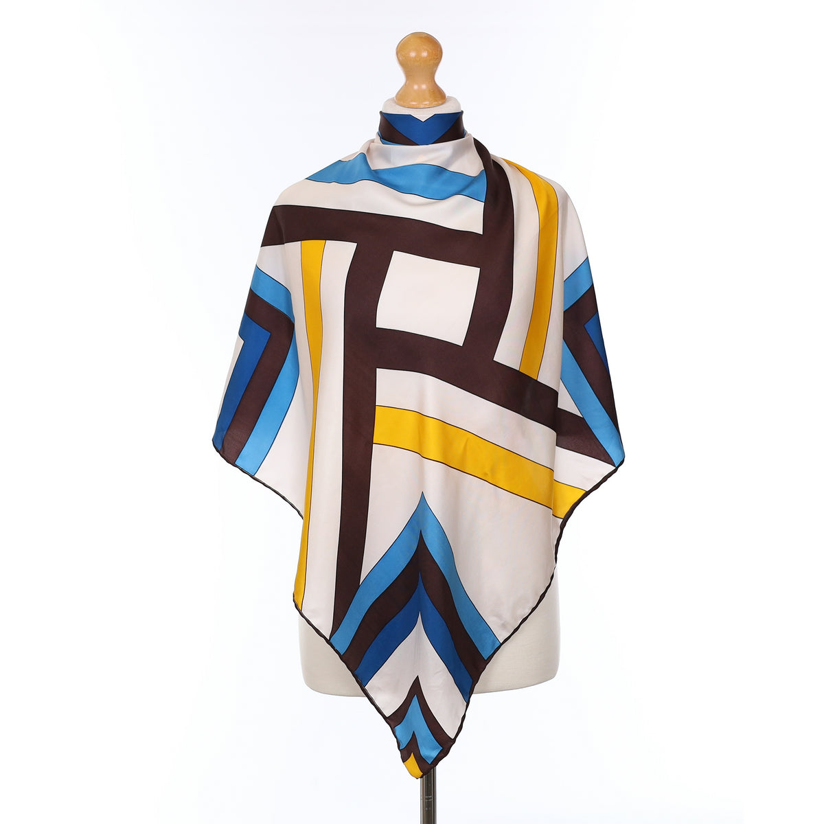 1970’s Blue And Brown Geometric Vintage Silk Scarf