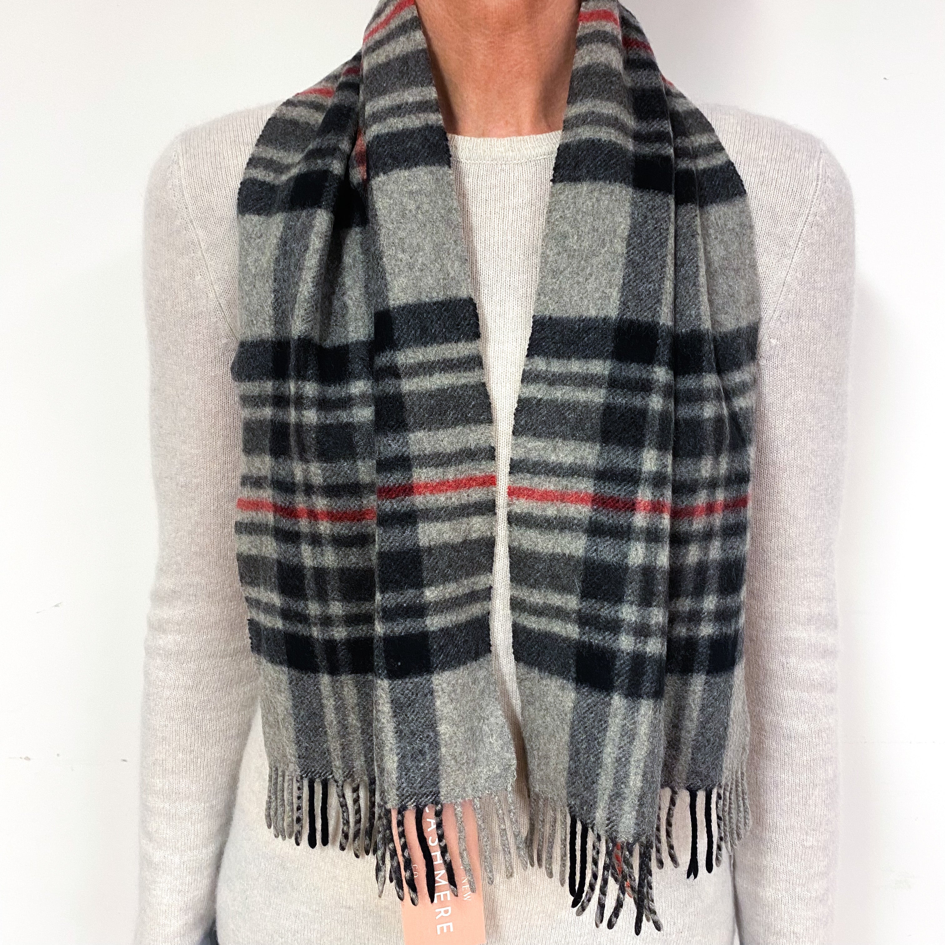 Grey and Red Checked Fringed Cashmere Woven Scarf
