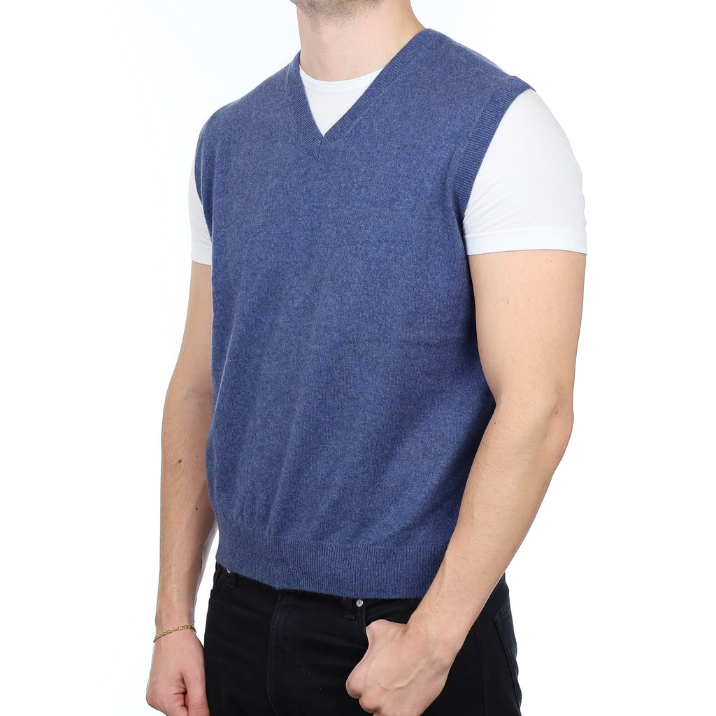 Men’s Denim Blue Cashmere V Neck Tank Top XL
