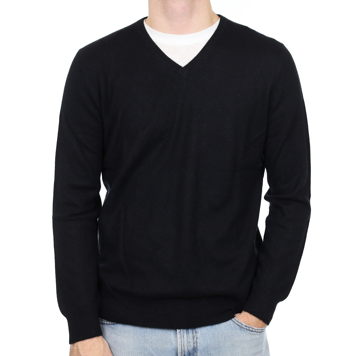 Men's Black Cashmere V Neck Jumper Large
