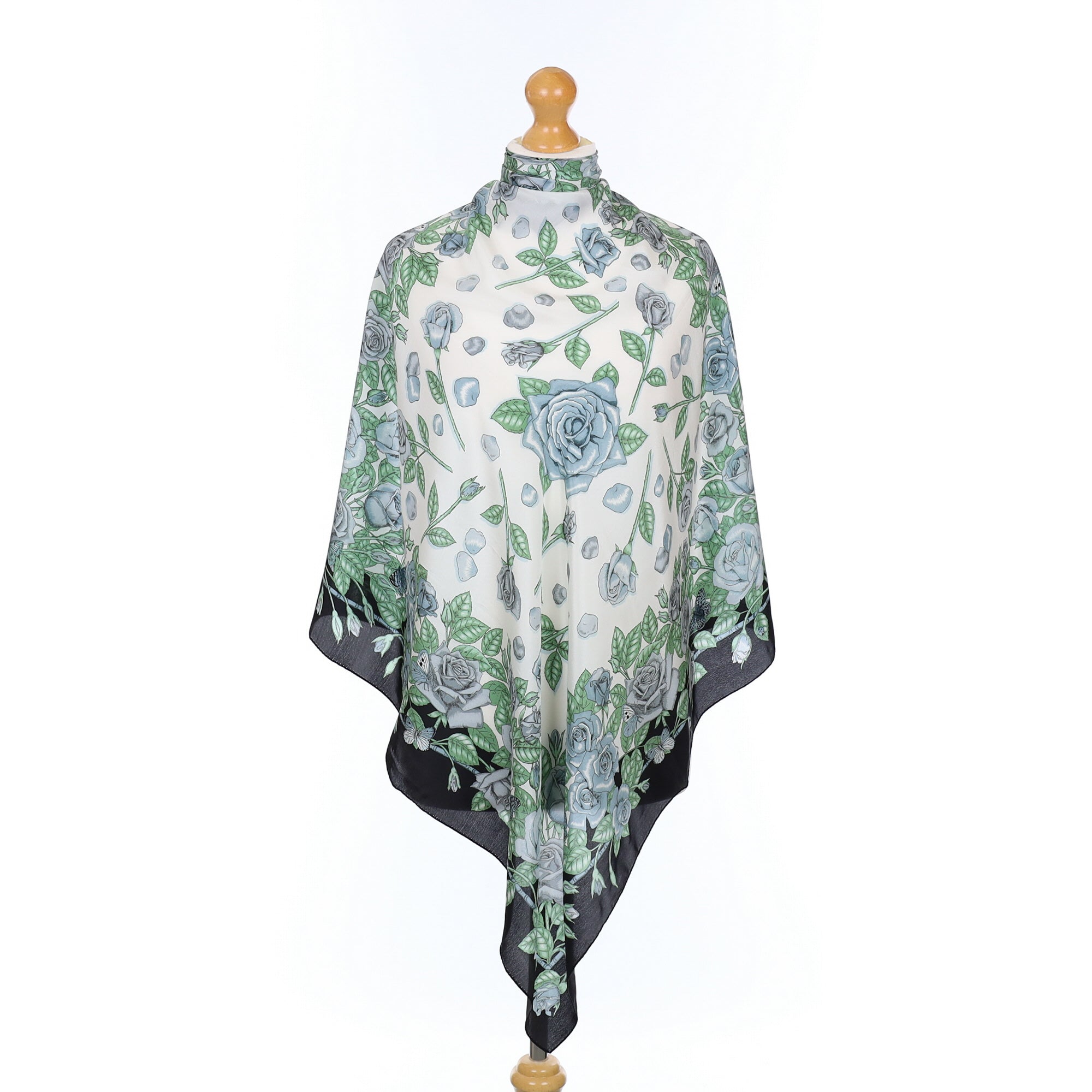 Cream and Green Floral Silk Scarf