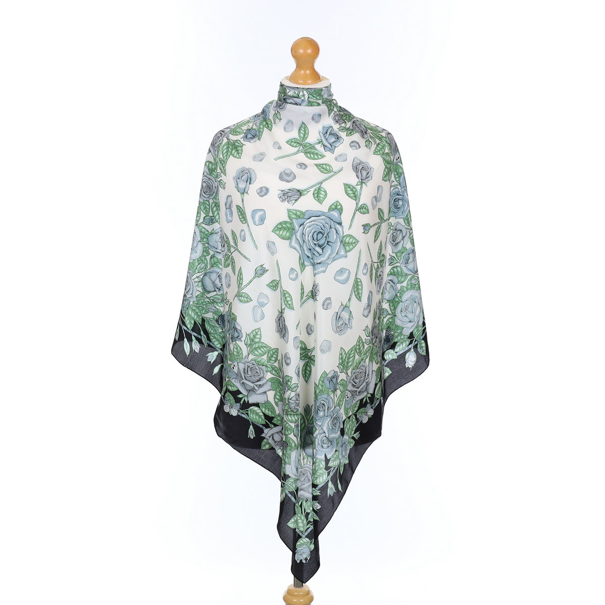 Cream and Green Floral Silk Scarf