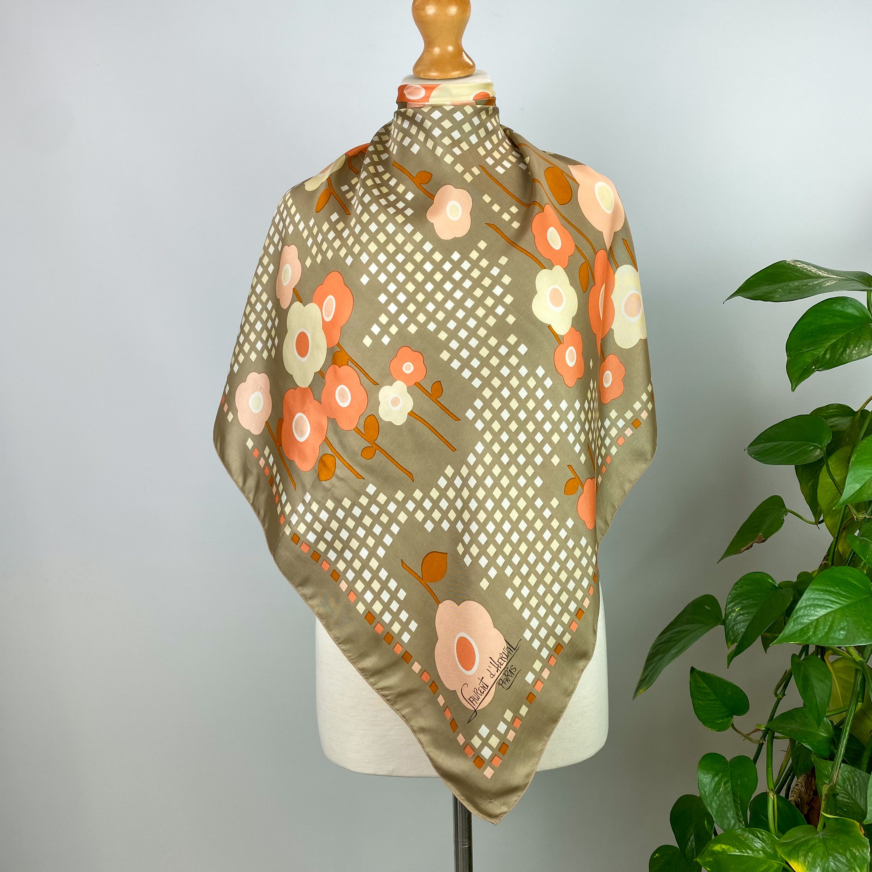 Laurent D’Herval Taupe and Peach Silk Scarf