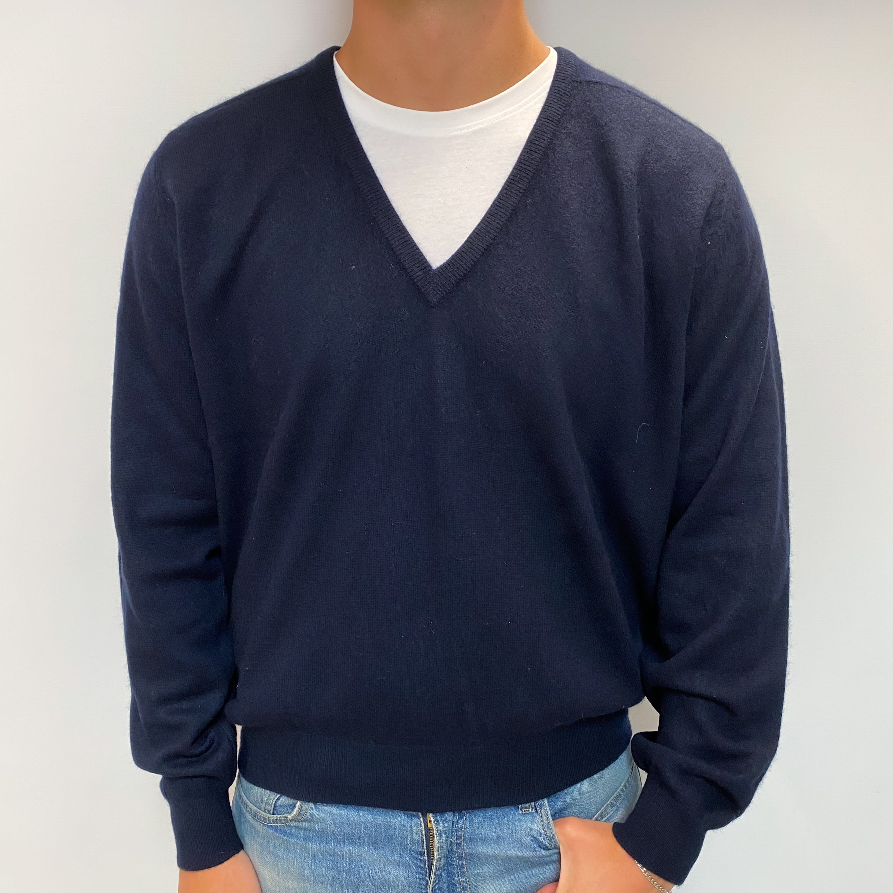 Men's Navy Blue Cashmere V Neck Jumper XXL