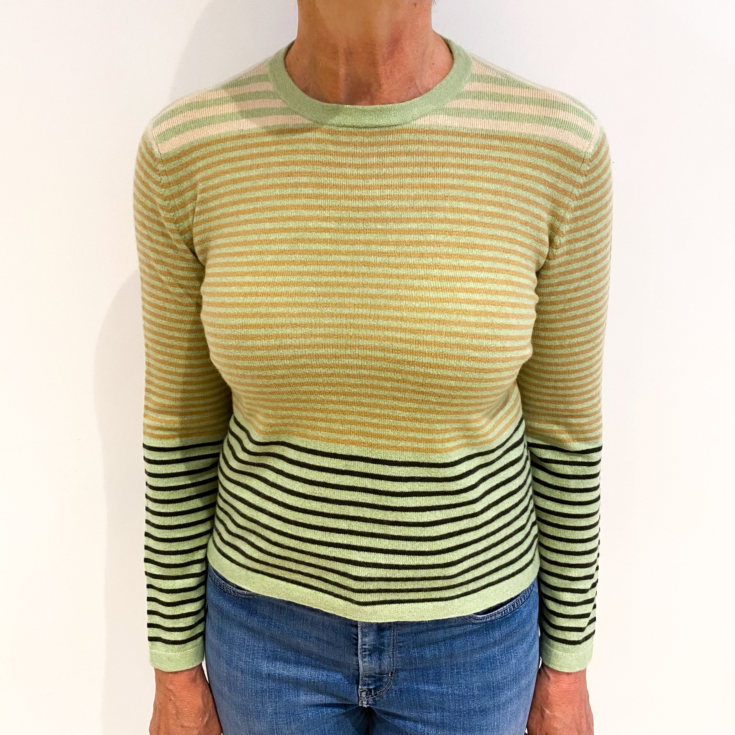 Pear Green Stripe Cashmere Crew Neck Jumper Medium
