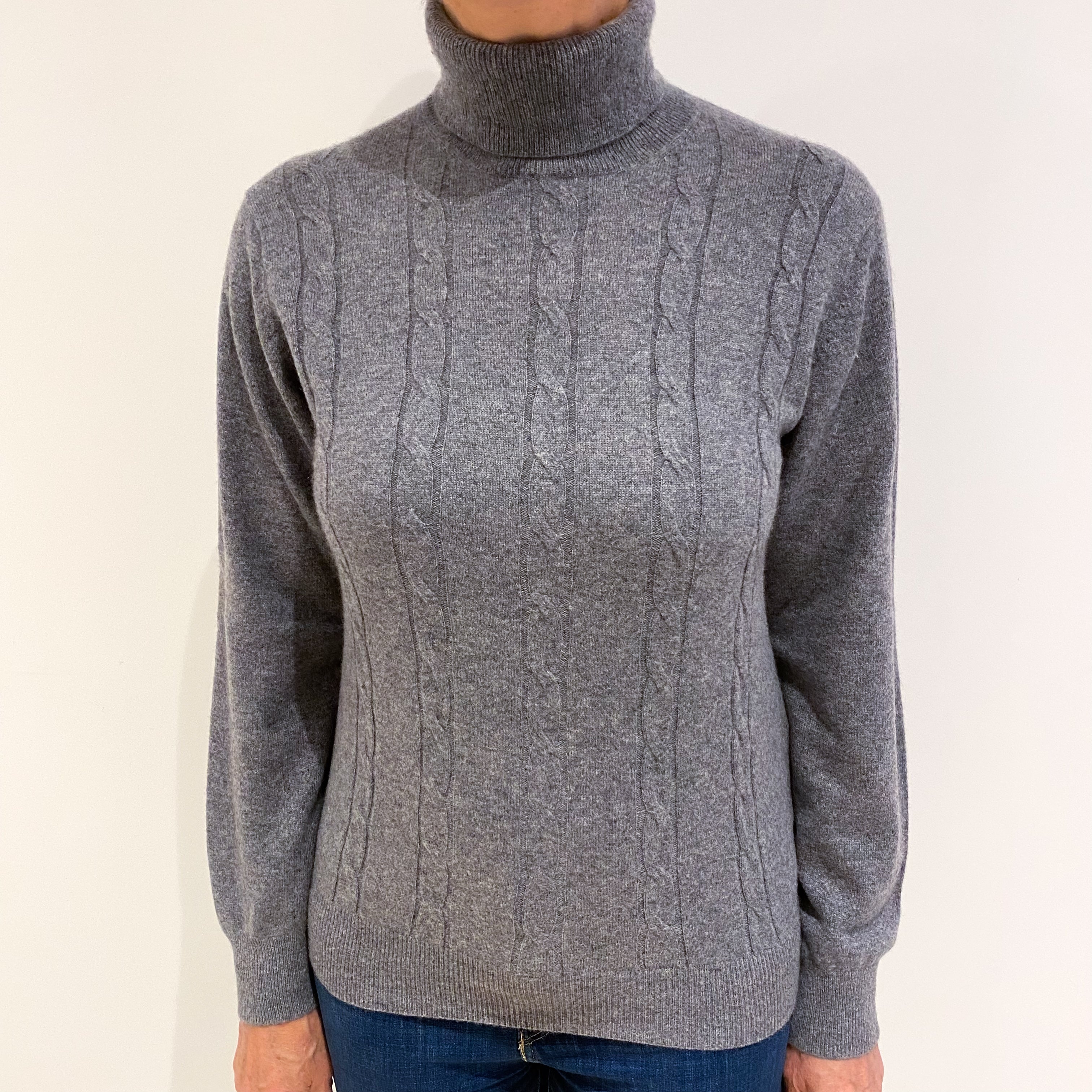 Steel Grey Cashmere Polo Neck Jumper Medium