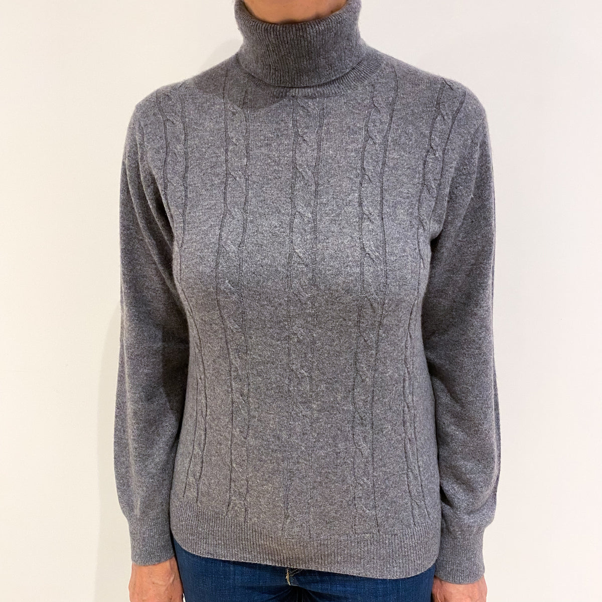 Steel Grey Cashmere Polo Neck Jumper Medium