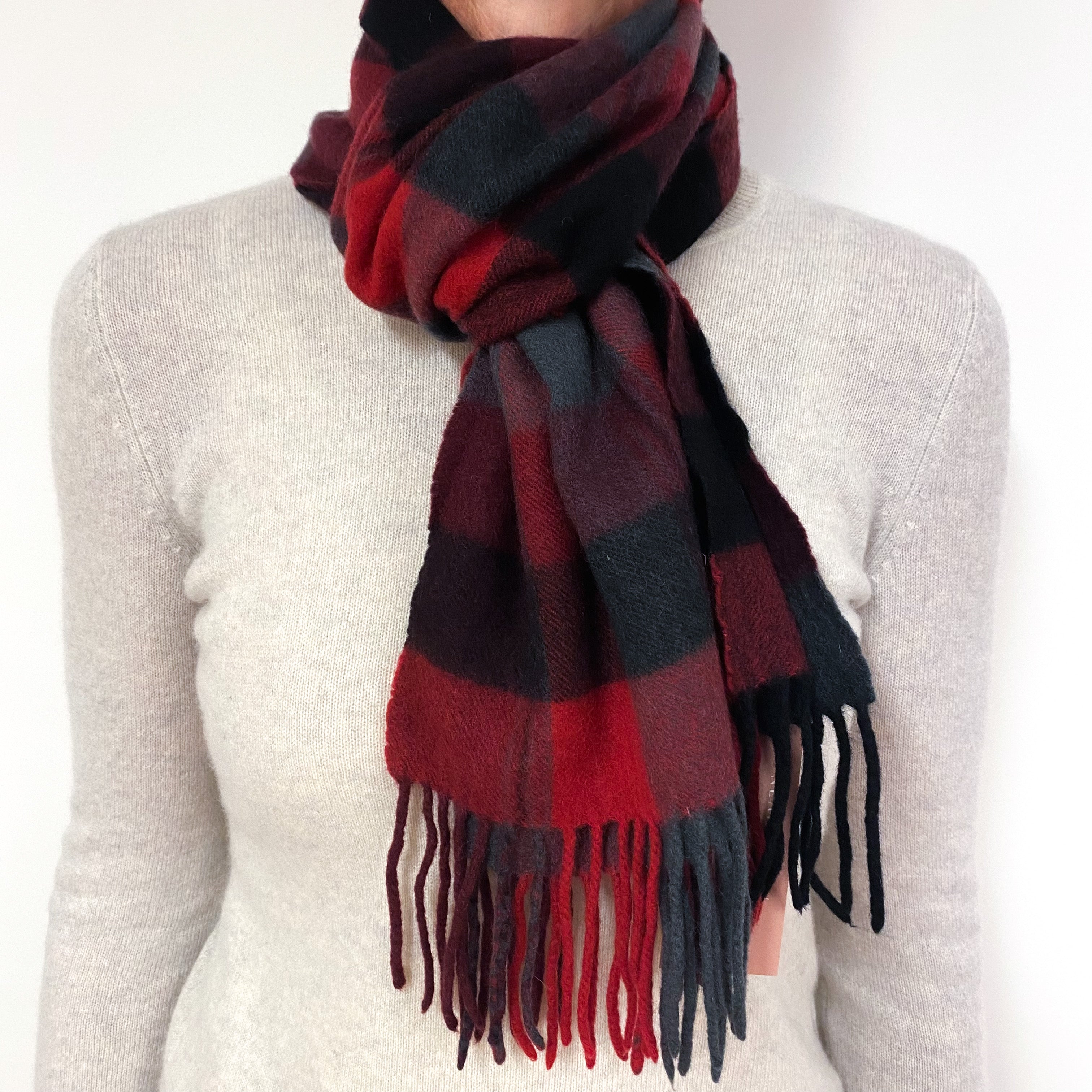 Red, Black and Grey Checked Cashmere Fringed Woven Scarf